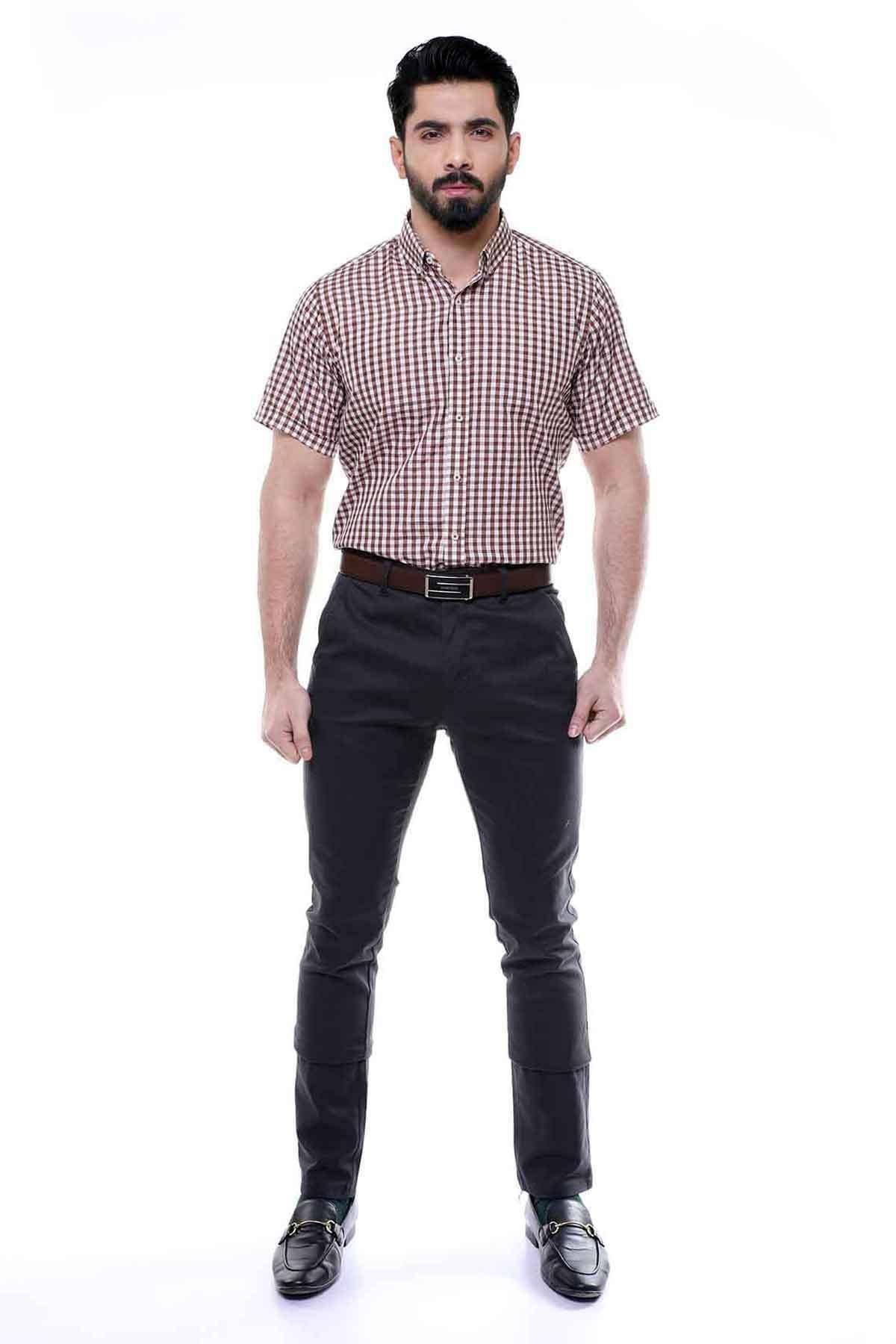SEMI FORMAL SHIRTS BUTTON DOWN HALF SLEEVE BLUE BROWN CHECK