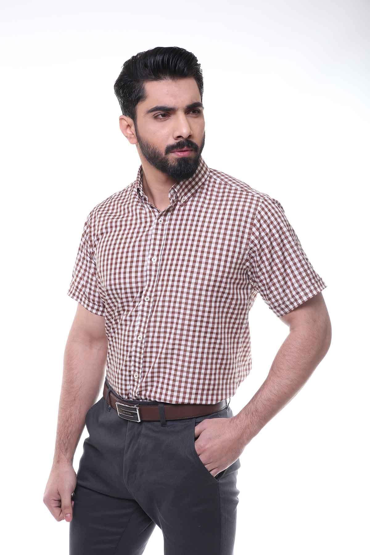 SEMI FORMAL SHIRTS BUTTON DOWN HALF SLEEVE BLUE BROWN CHECK - Image 2