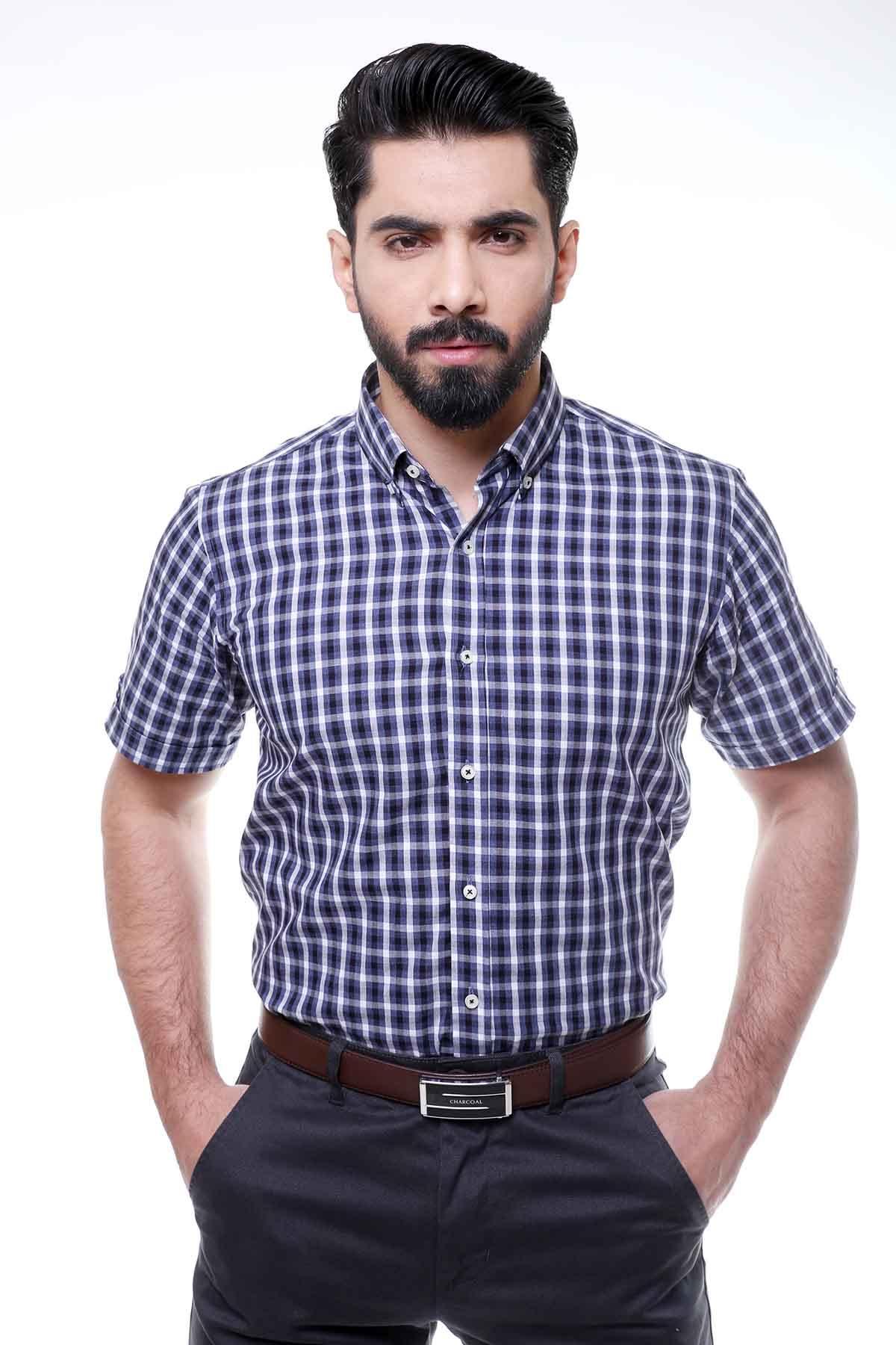SEMI FORMAL SHIRTS BUTTON DOWN HALF SLEEVE NAVY GREY - Image 2