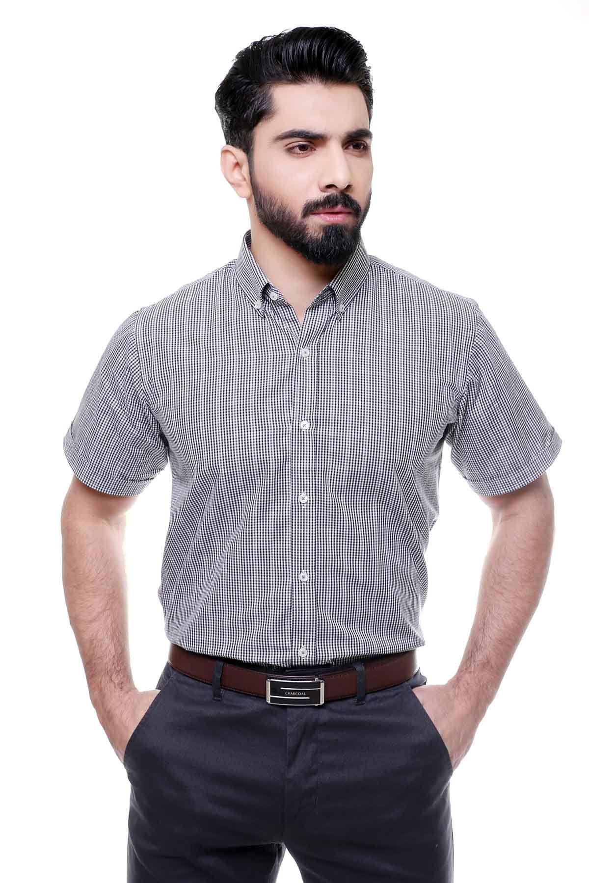 SEMI FORMAL SHIRTS BUTTON DOWN HALF SLEEVE BLUE BLACK - Image 2
