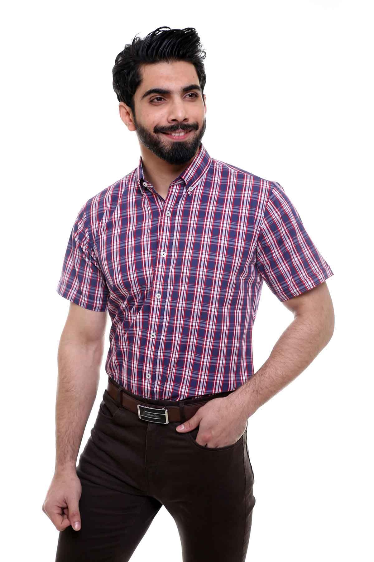 SEMI FORMAL SHIRTS BUTTON DOWN HALF SLEEVE NAVY RED