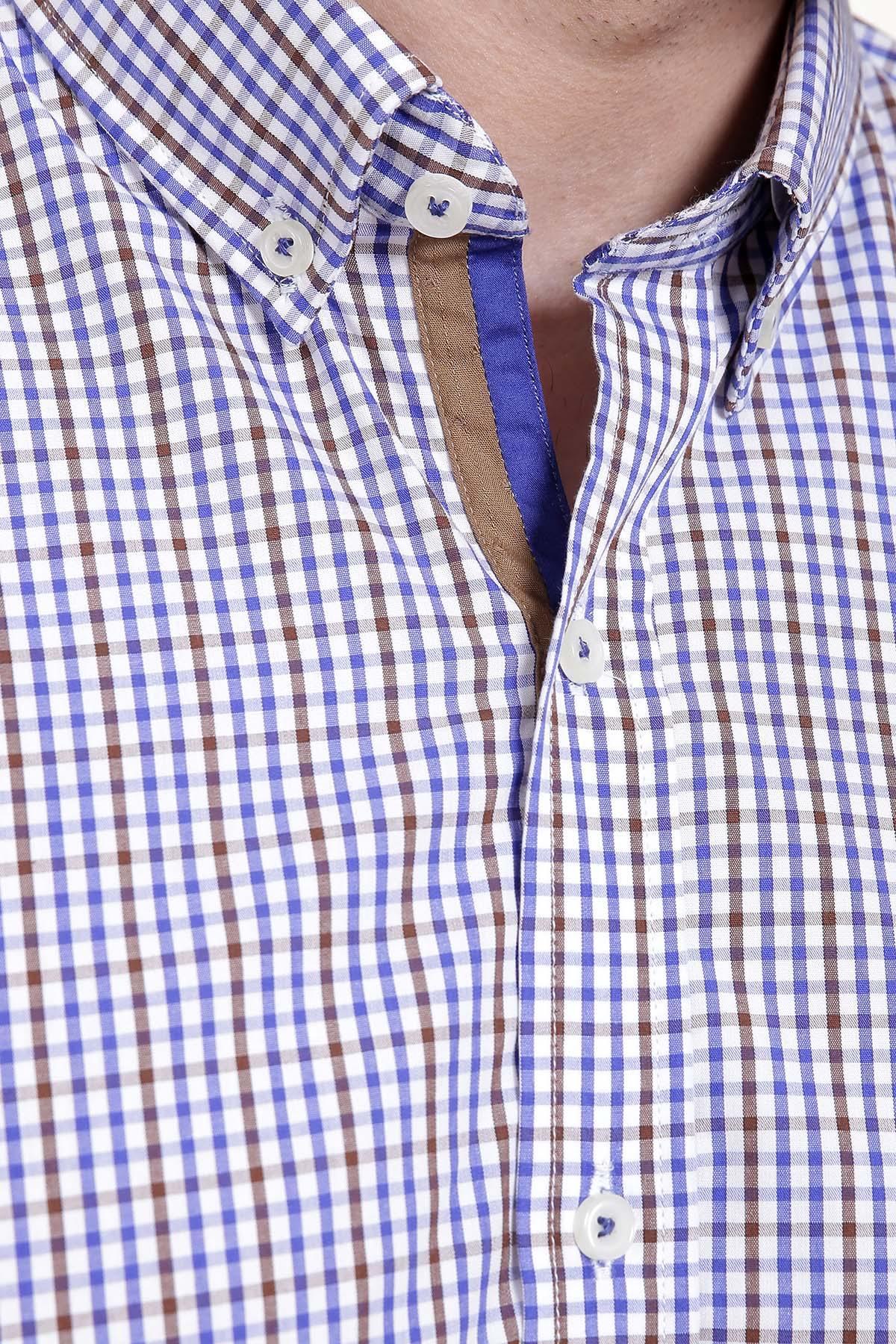 SEMI FORMAL SHIRTS BUTTON DOWN FULL SLEEVE BLUE BROWN CHECK - Image 3