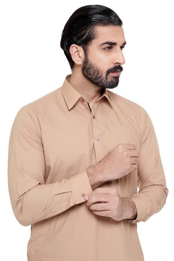Shalwar Kameez with Collar Light Brown - Image 2