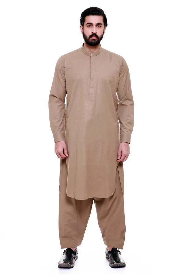 SHALWAR KAMEEZ BAN COLLAR LIGHT BROWN