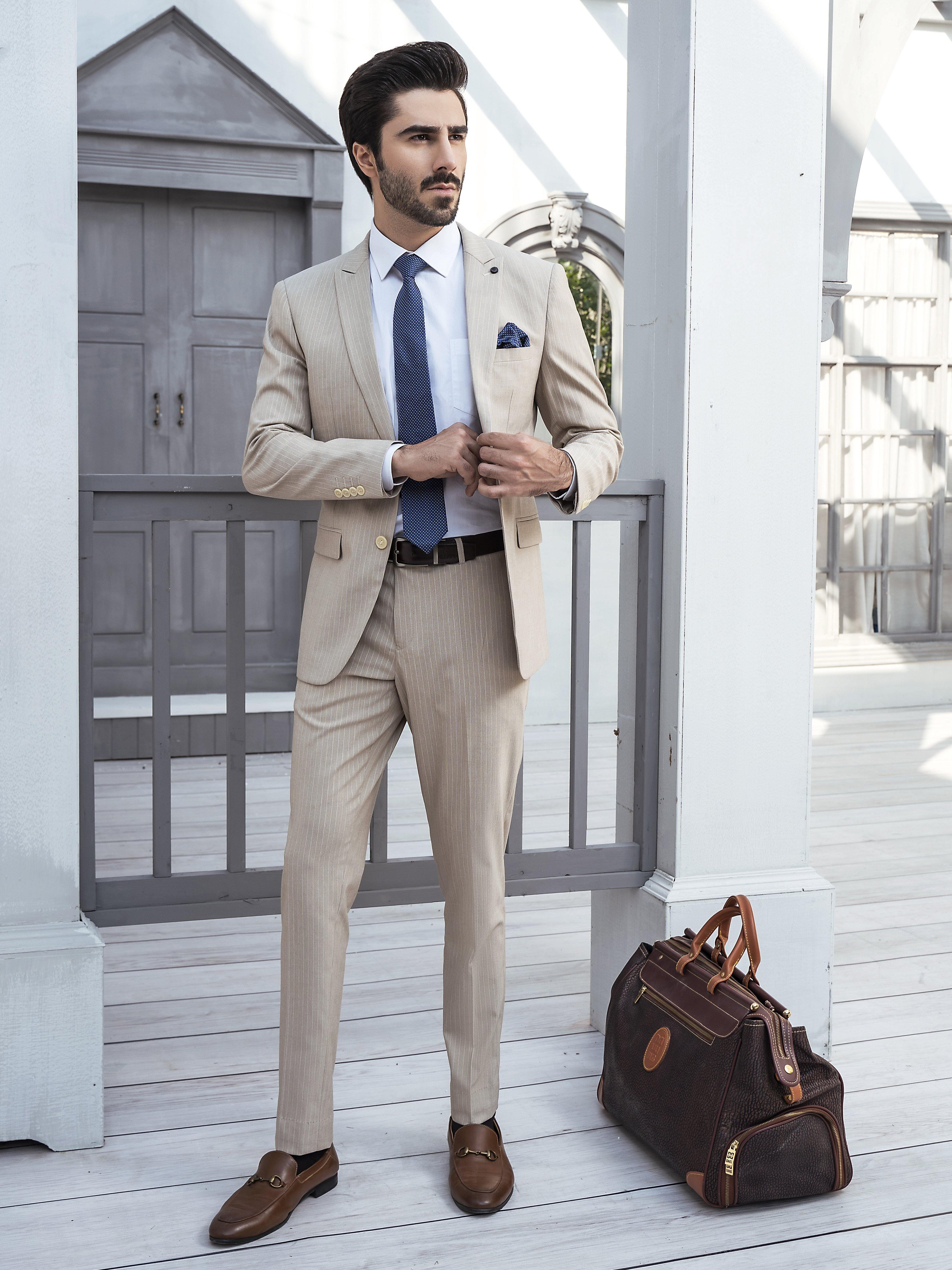 2 PIECE SUIT SLIM FIT LINNING LIGHT KHAKI - Image 5