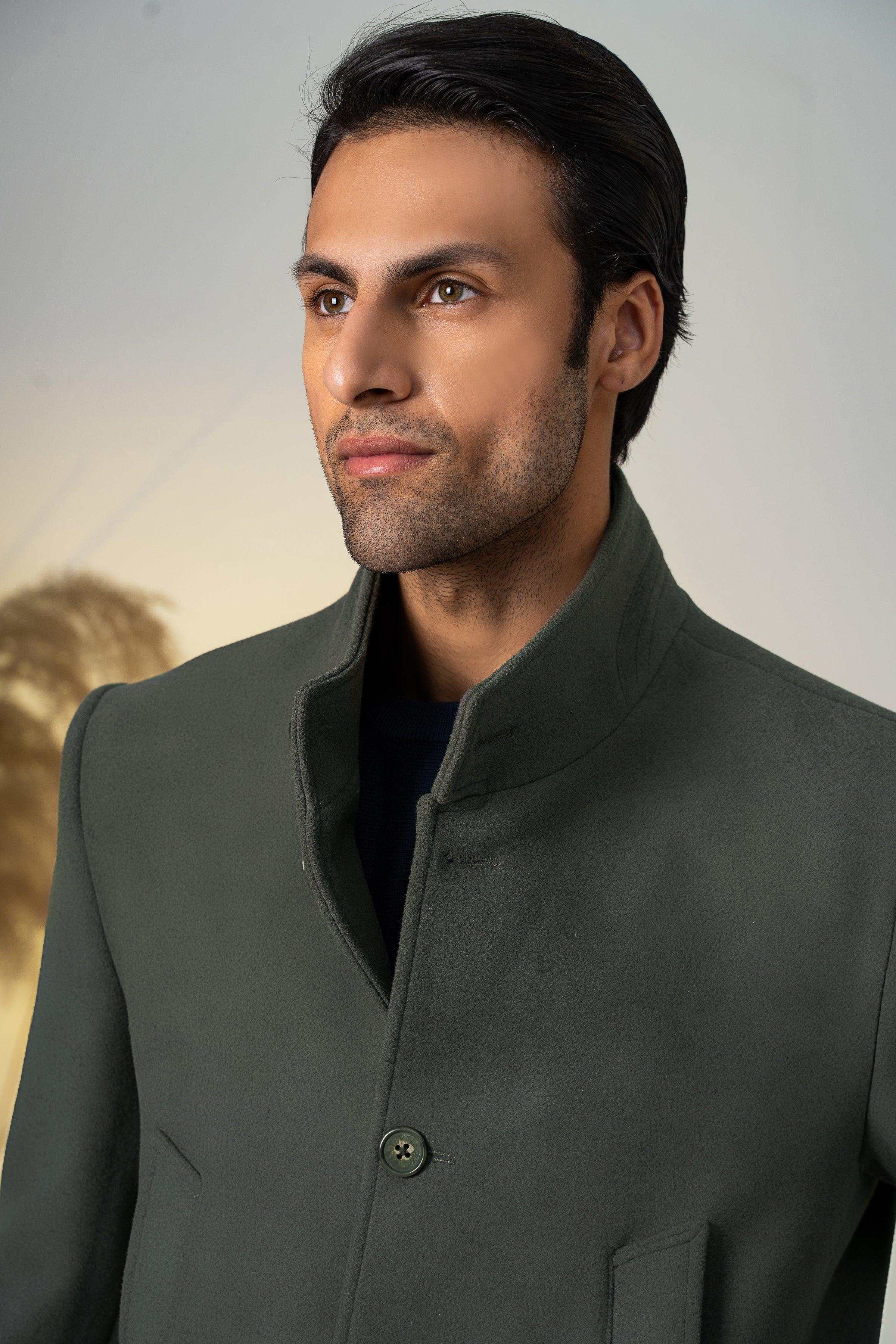 BAN COLLAR LONG COAT GREEN - Image 4