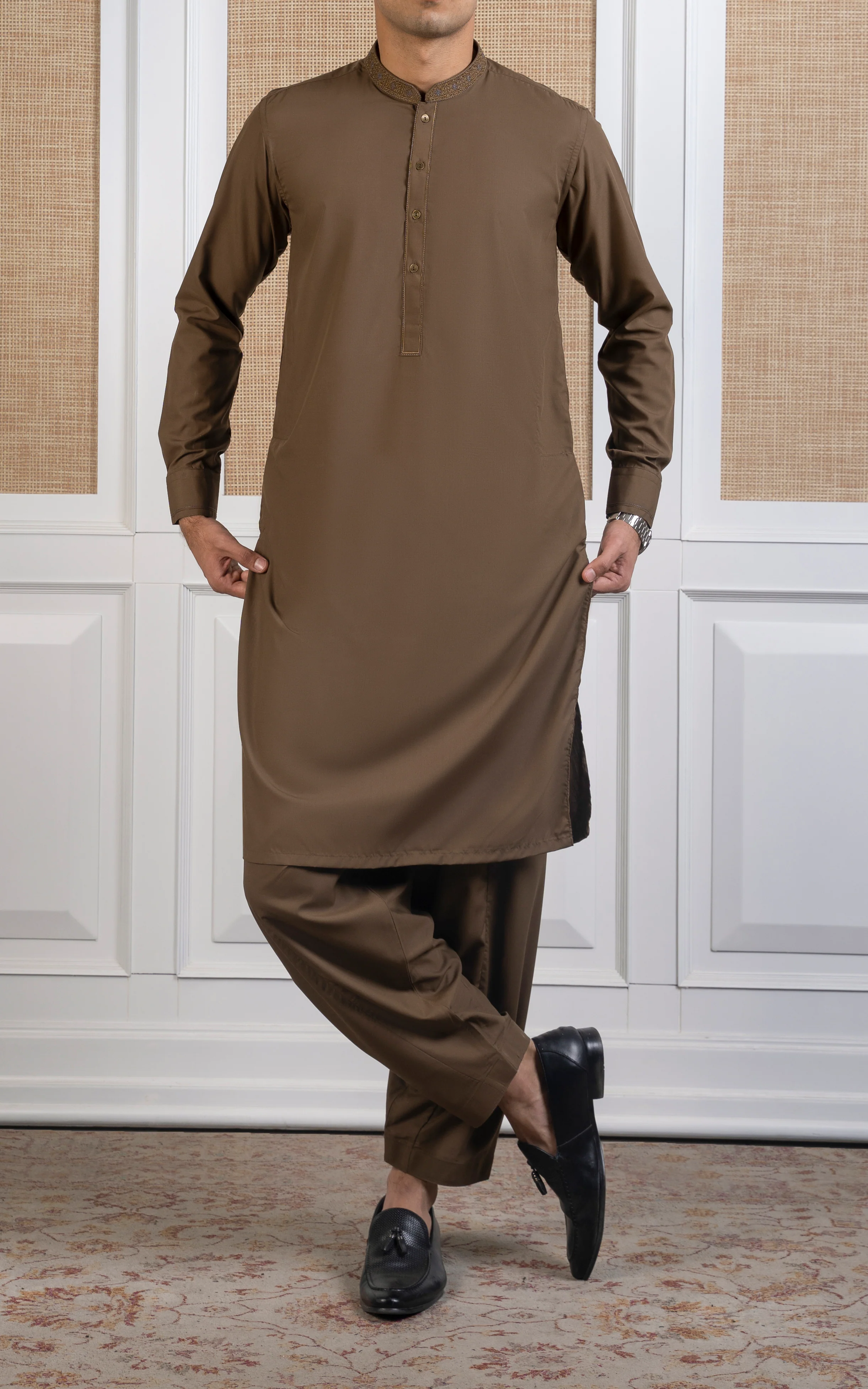 BLENDED KAMEEZ SHALWAR -SIGNATURE COLLECTION DARK KHAKI - Image 3