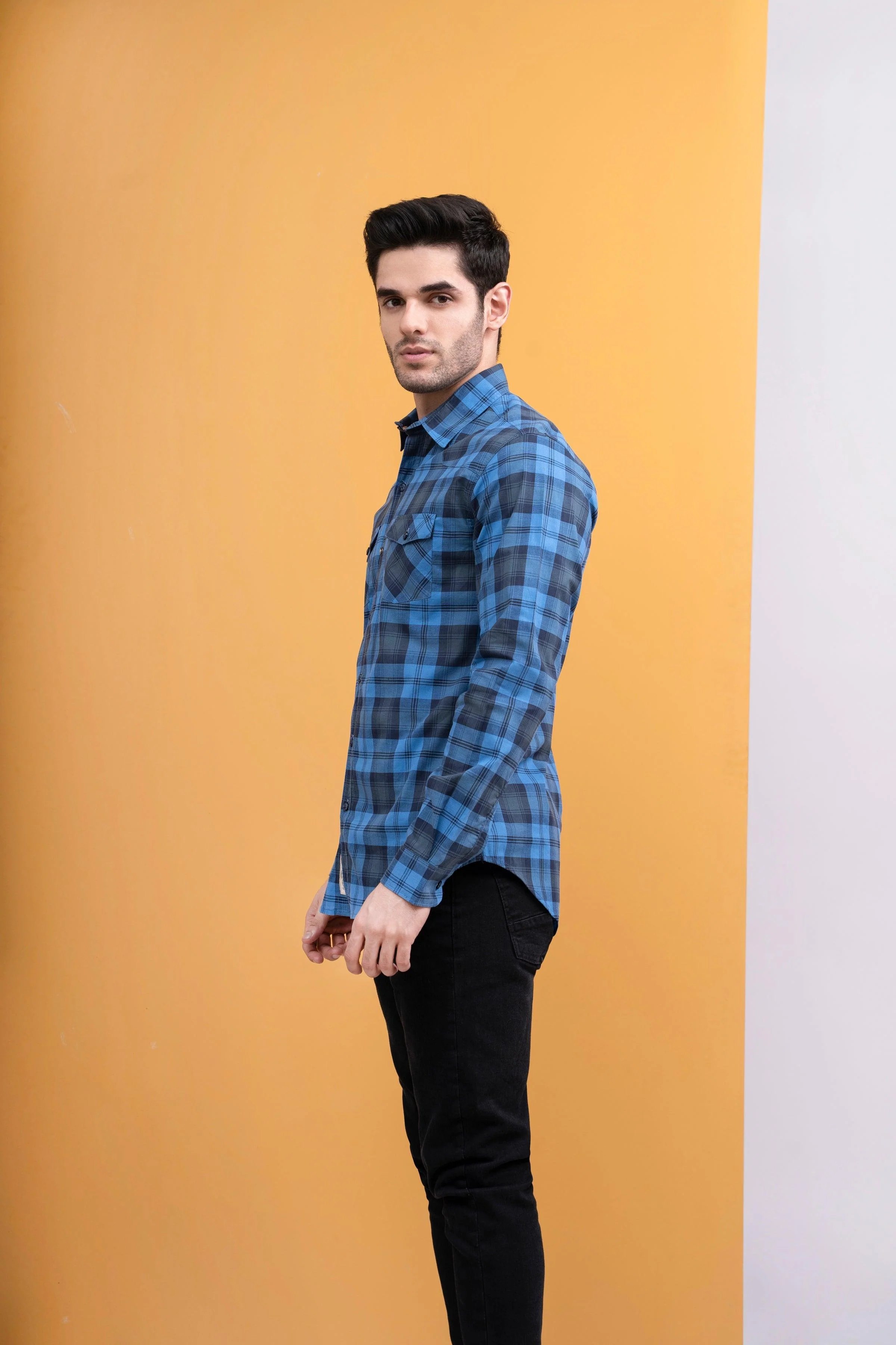 CASUAL SHIRT FRONT PANNEL DOUBLE POCKET BLUE CHECK - Image 3