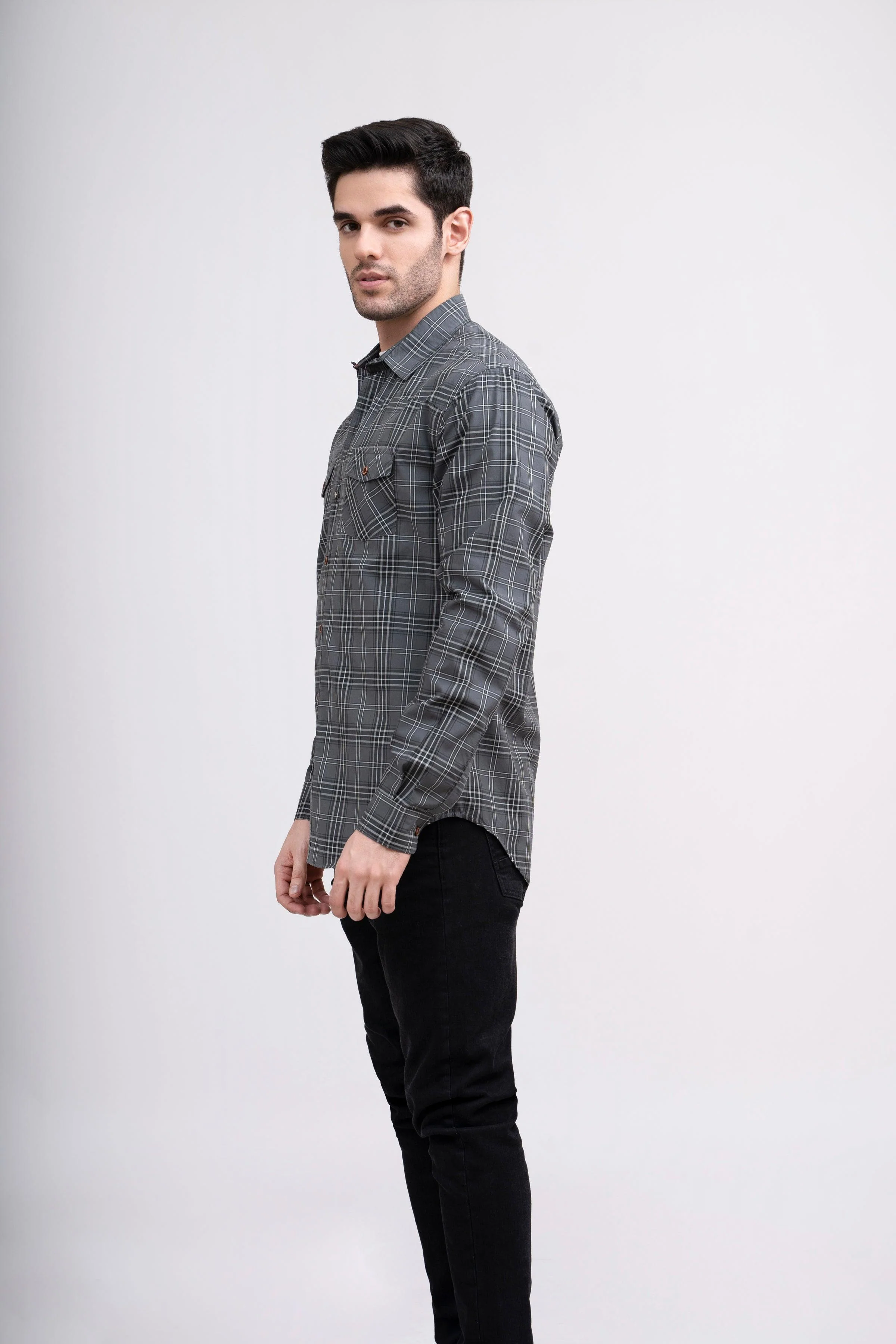 CASUAL SHIRT FRONT PANNEL DOUBLE POCKET GREY CHECK - Image 2