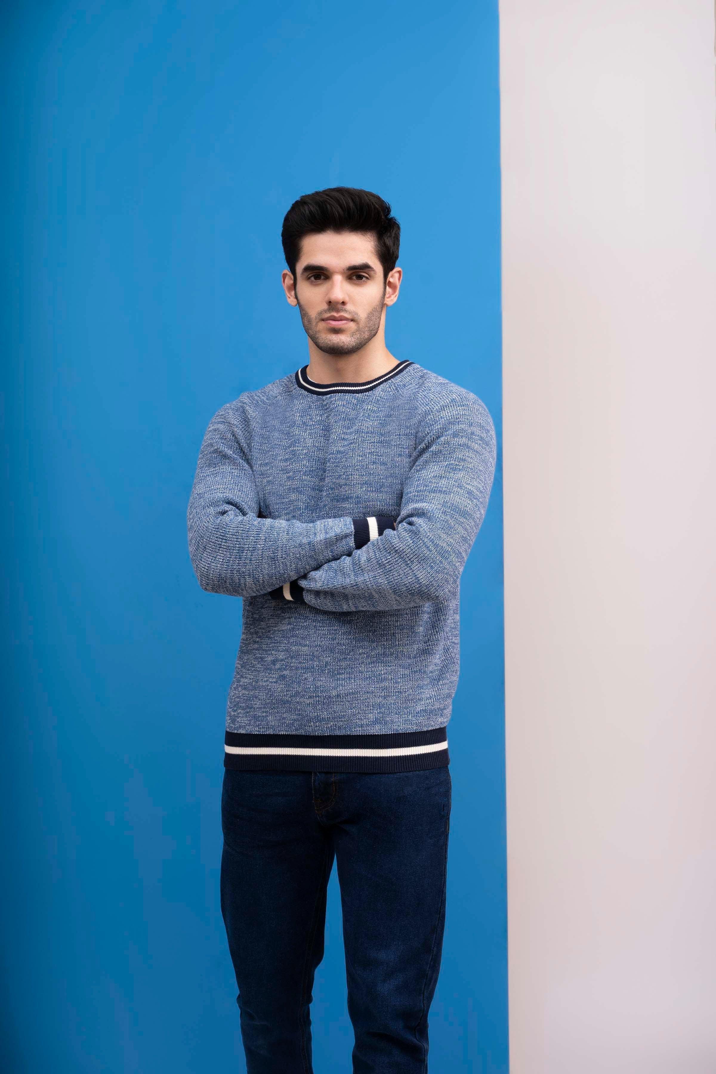 SWEATER ROUND NECK TIPPING FULL SLEEVES BLUE