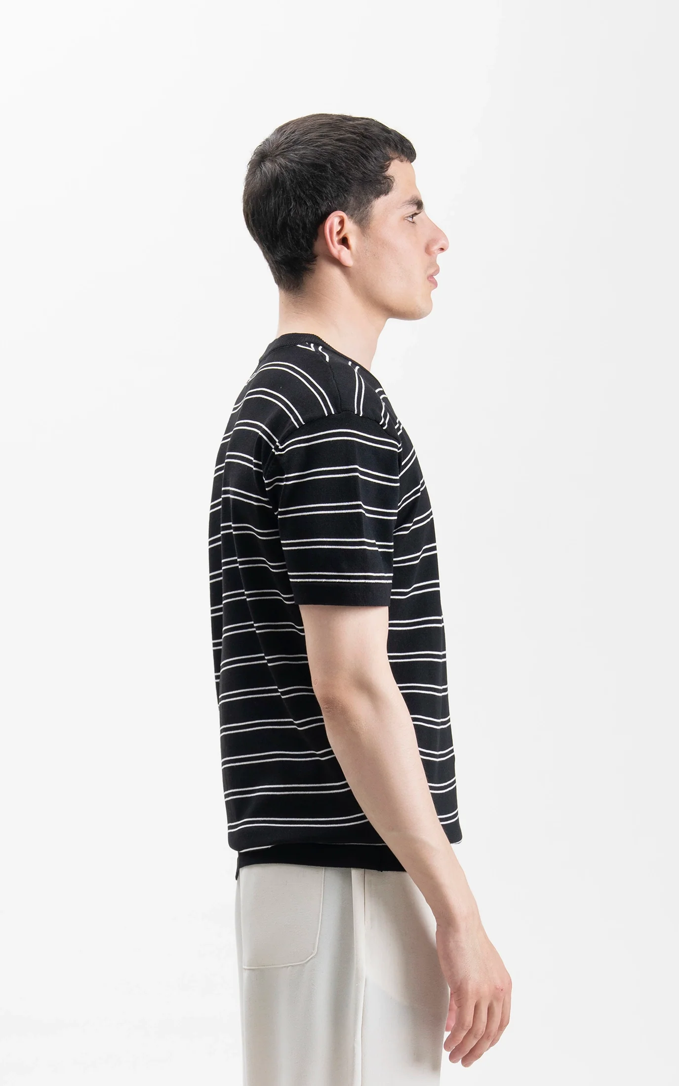 CREW NECK SWEATER KNIT HORIZONTAL STRIPED T-SHIRT BLACK - Image 4