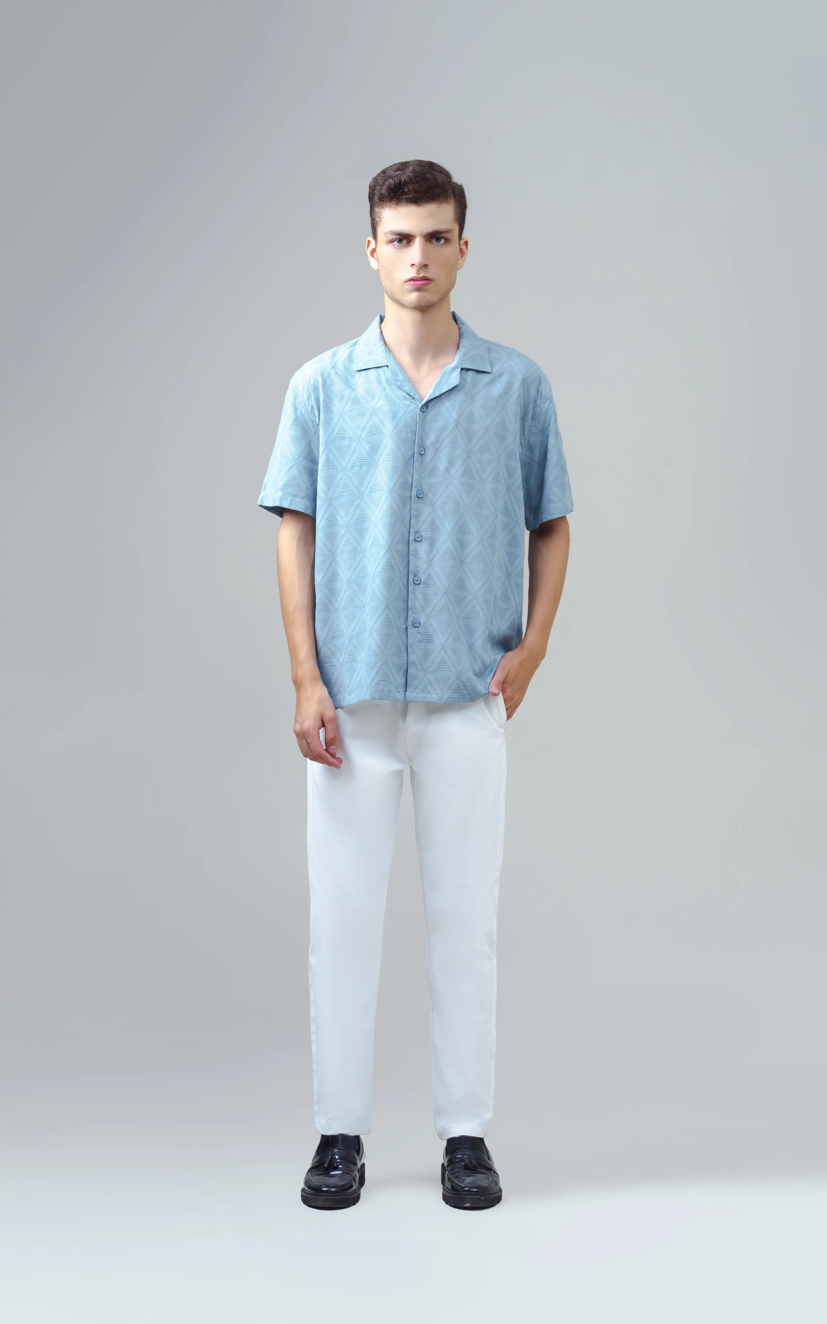 CUBAN COLLAR SHORT SLEEVES SHIRT AQUA BLUE