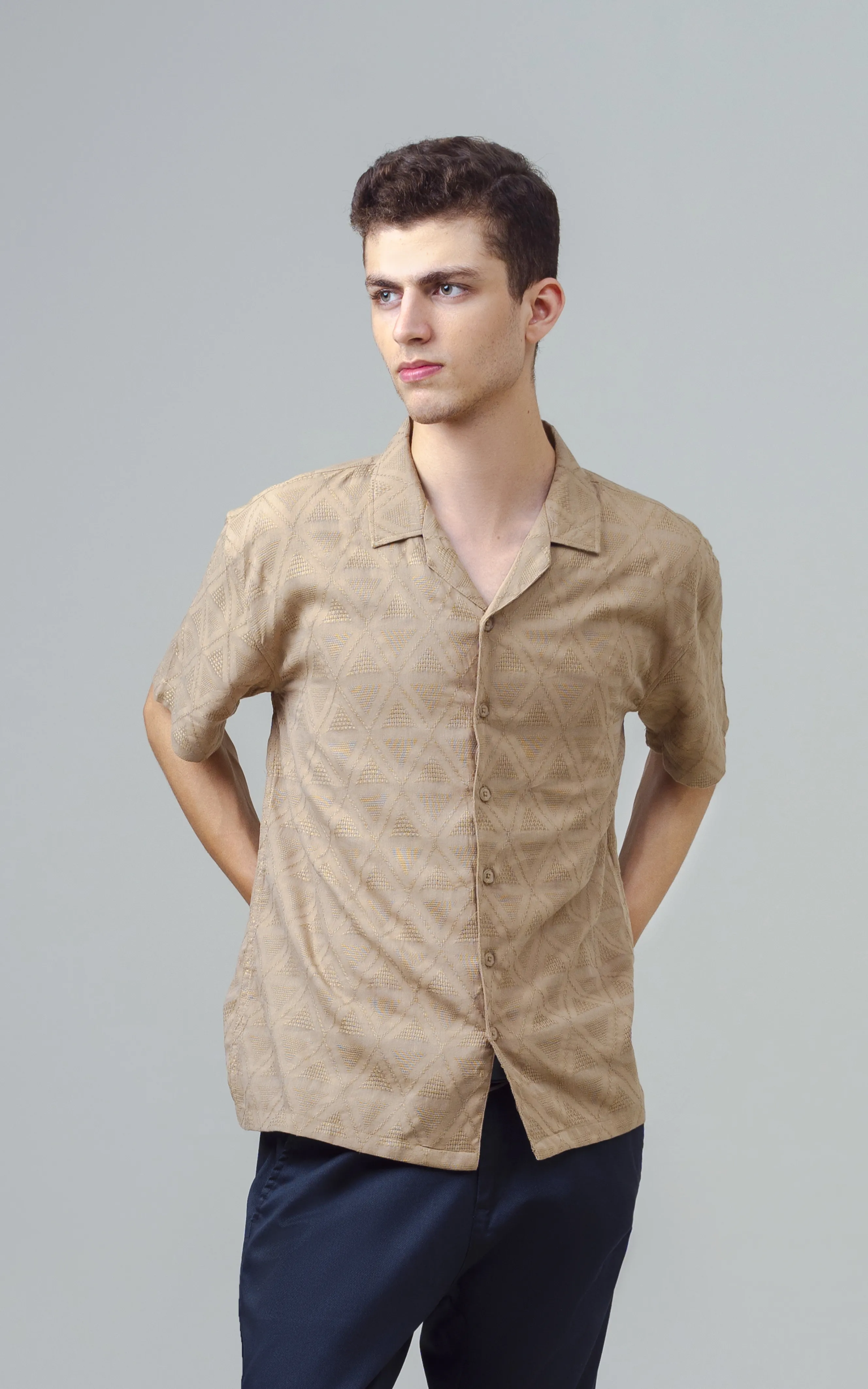 CUBAN COLLAR SHORT SLEEVES SHIRT KHAKI - Image 3