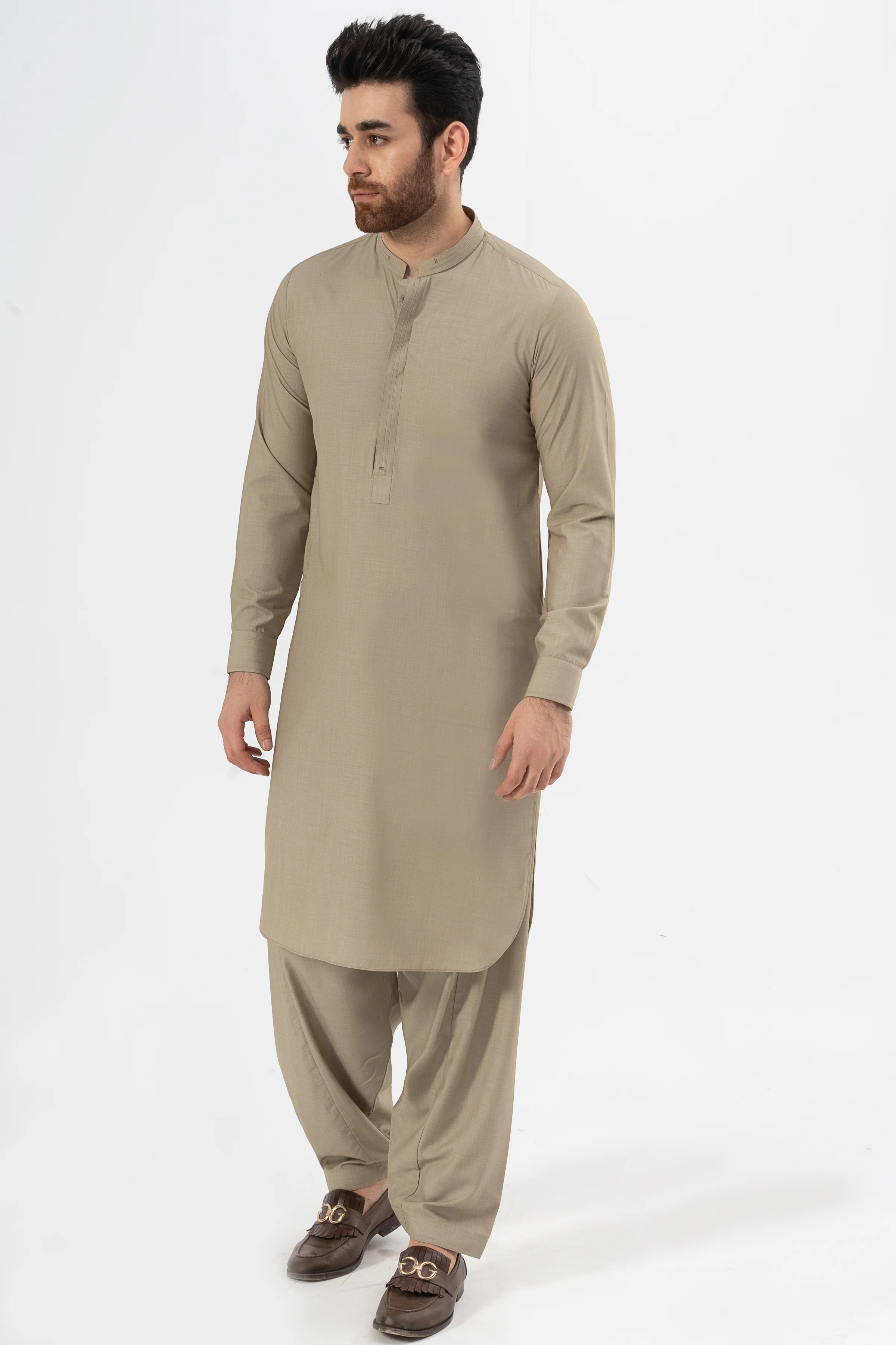 EXQUISITE TEXTURED SHALWAR KAMEEZ MID KHAKI - Image 3