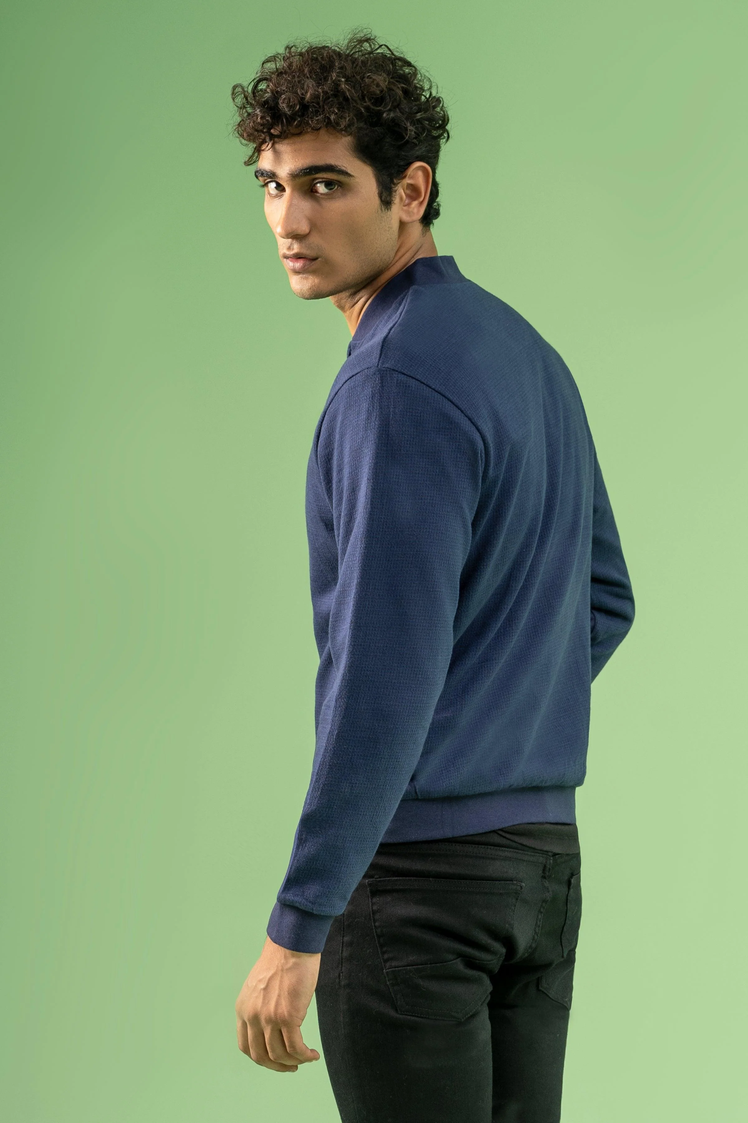 HOUNDSTOOTH MOCK NECK ZIPPER NAVY - Image 4