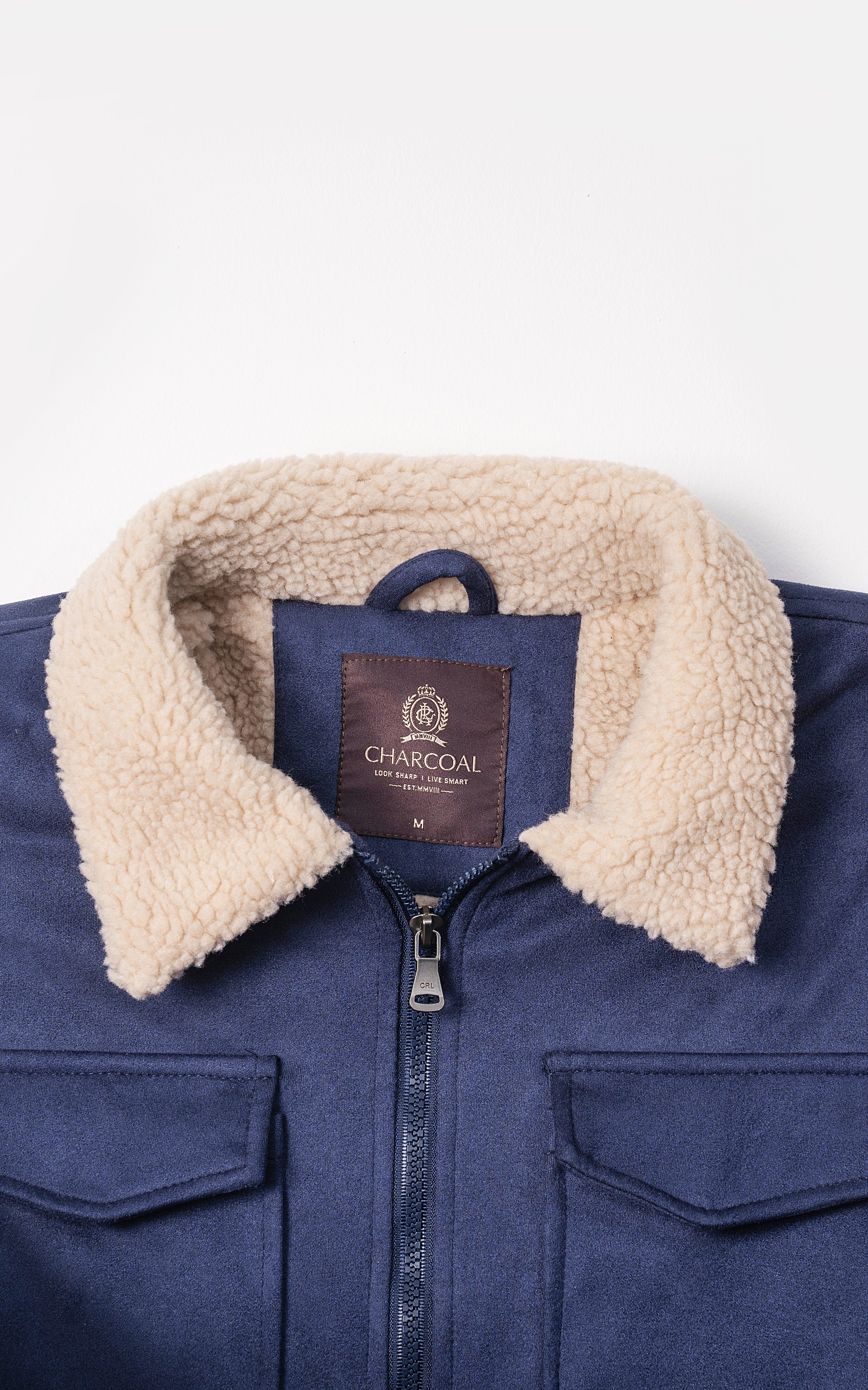 FUR COLLAR SUEDE JACKET FULL SLEEVE NAVY - Image 2