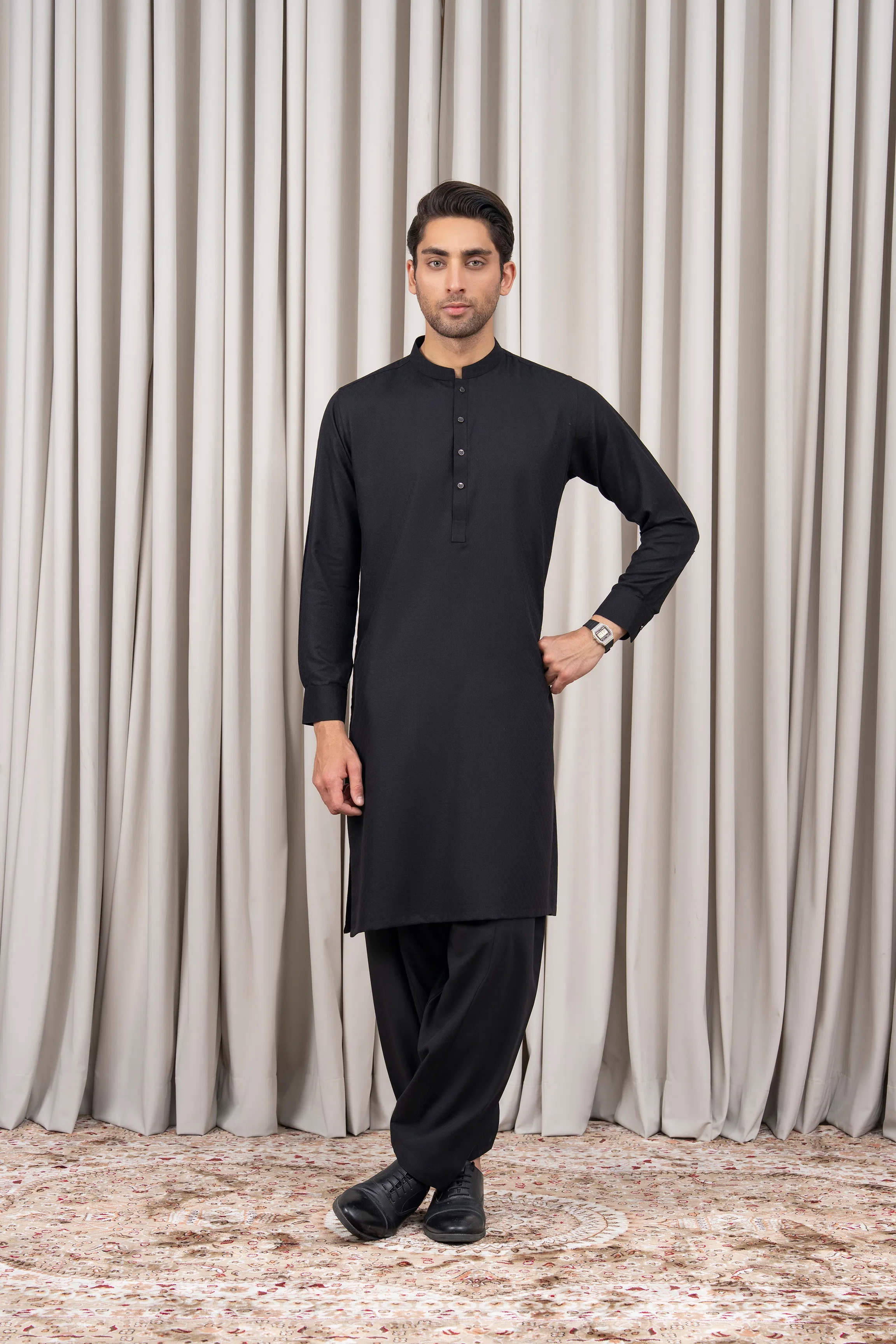 JACQUARD BLENDED KAMEEZ SHALWAR - SIGNATURE COLLECTION BLACK - Image 2