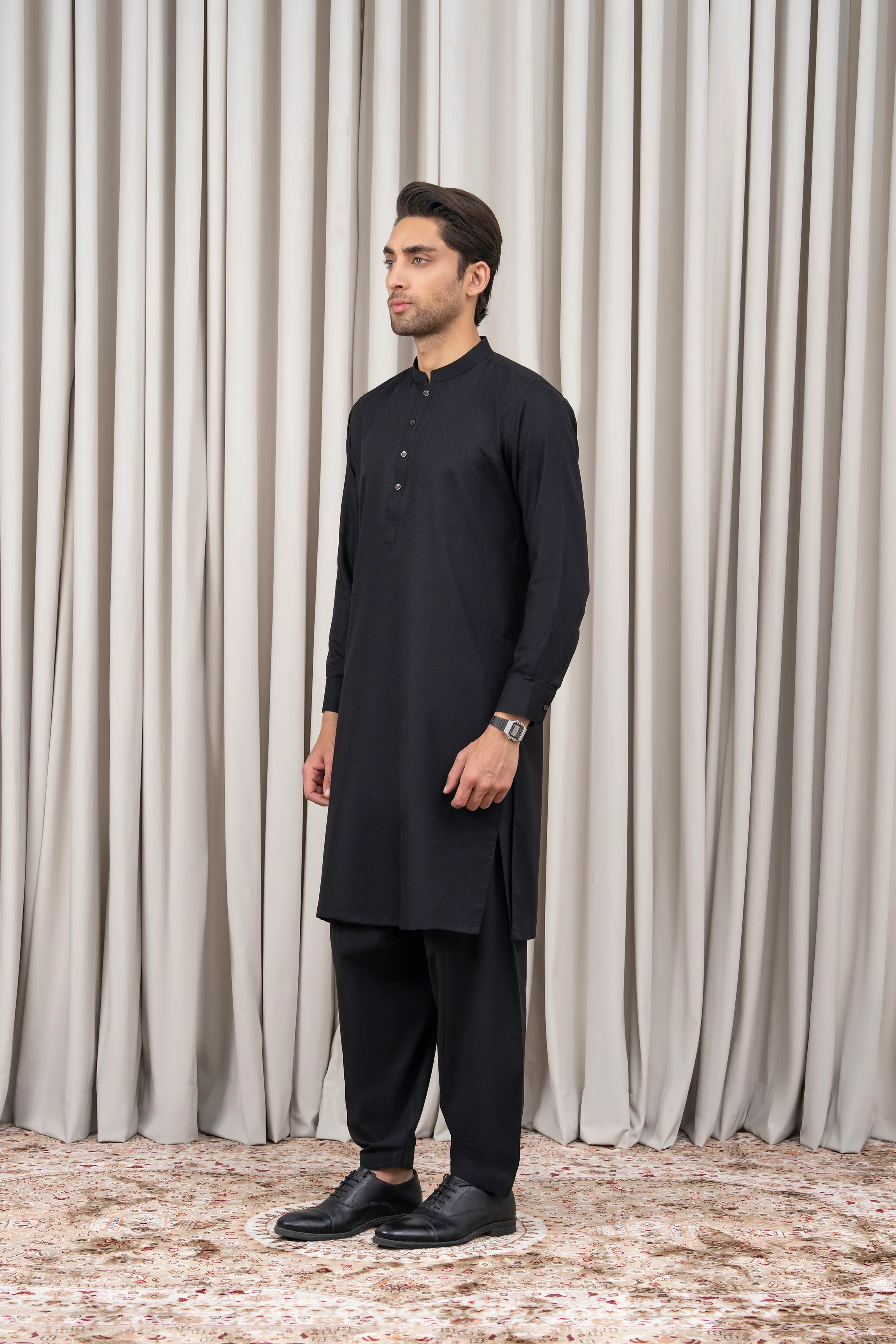 JACQUARD BLENDED KAMEEZ SHALWAR - SIGNATURE COLLECTION BLACK - Image 3