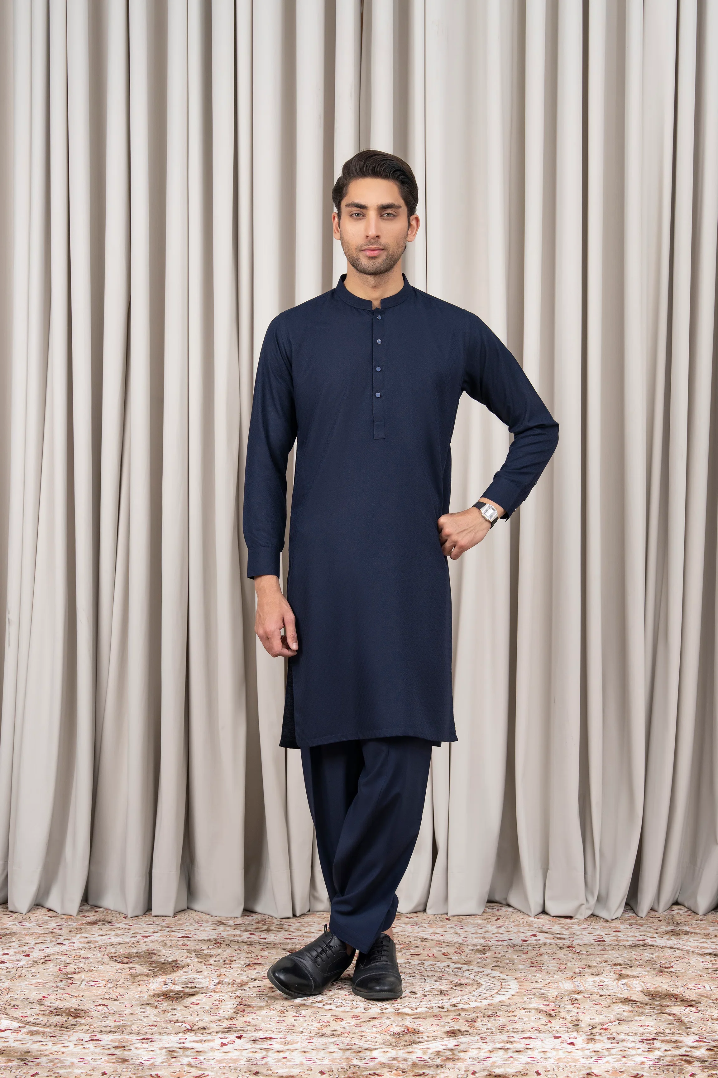 JACQUARD BLENDED KAMEEZ SHALWAR - SIGNATURE COLLECTION NAVY - Image 2