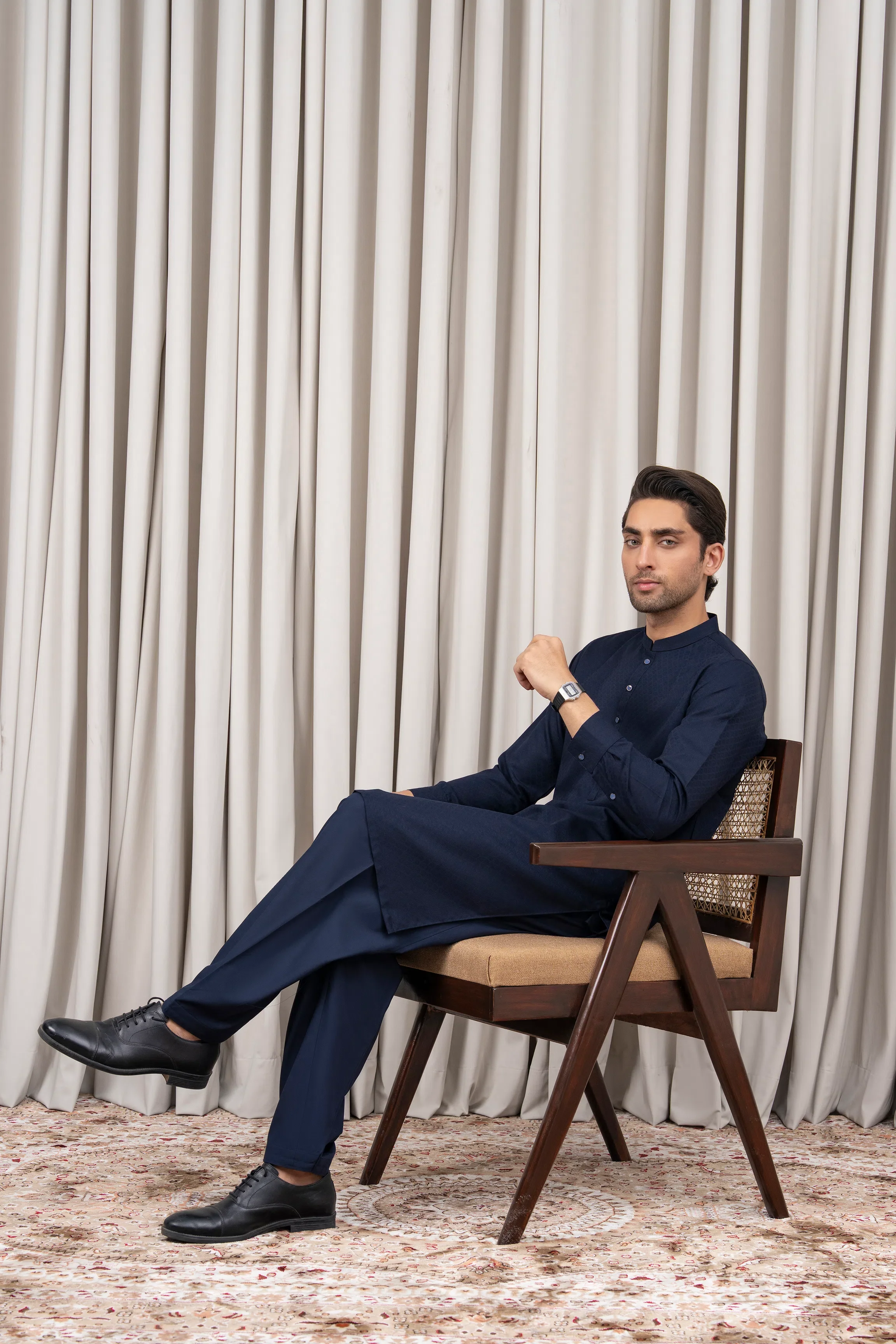 JACQUARD BLENDED KAMEEZ SHALWAR - SIGNATURE COLLECTION NAVY - Image 3