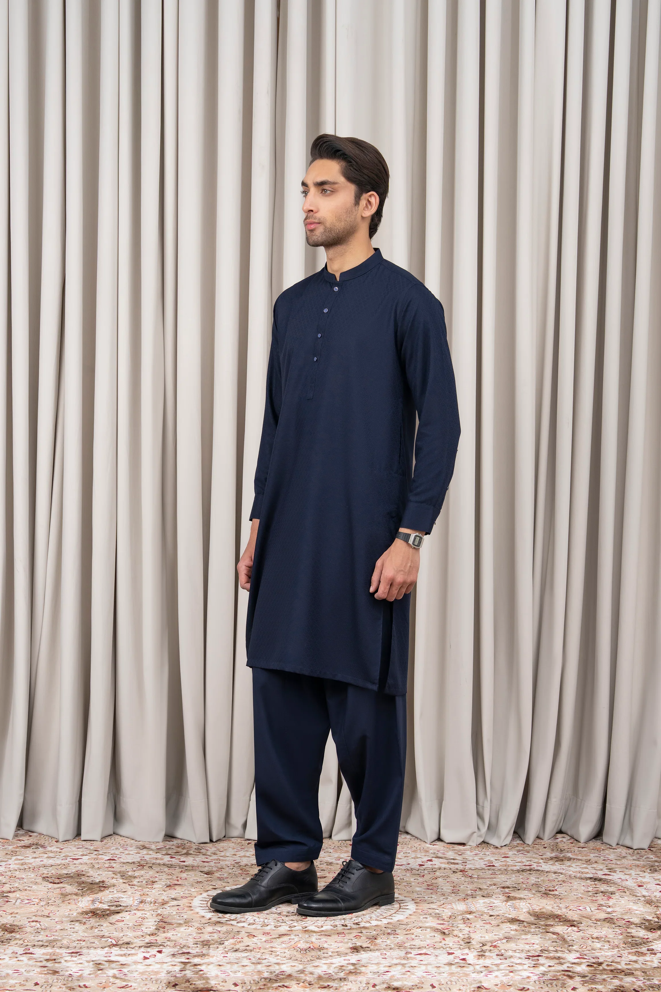 JACQUARD BLENDED KAMEEZ SHALWAR - SIGNATURE COLLECTION NAVY - Image 4
