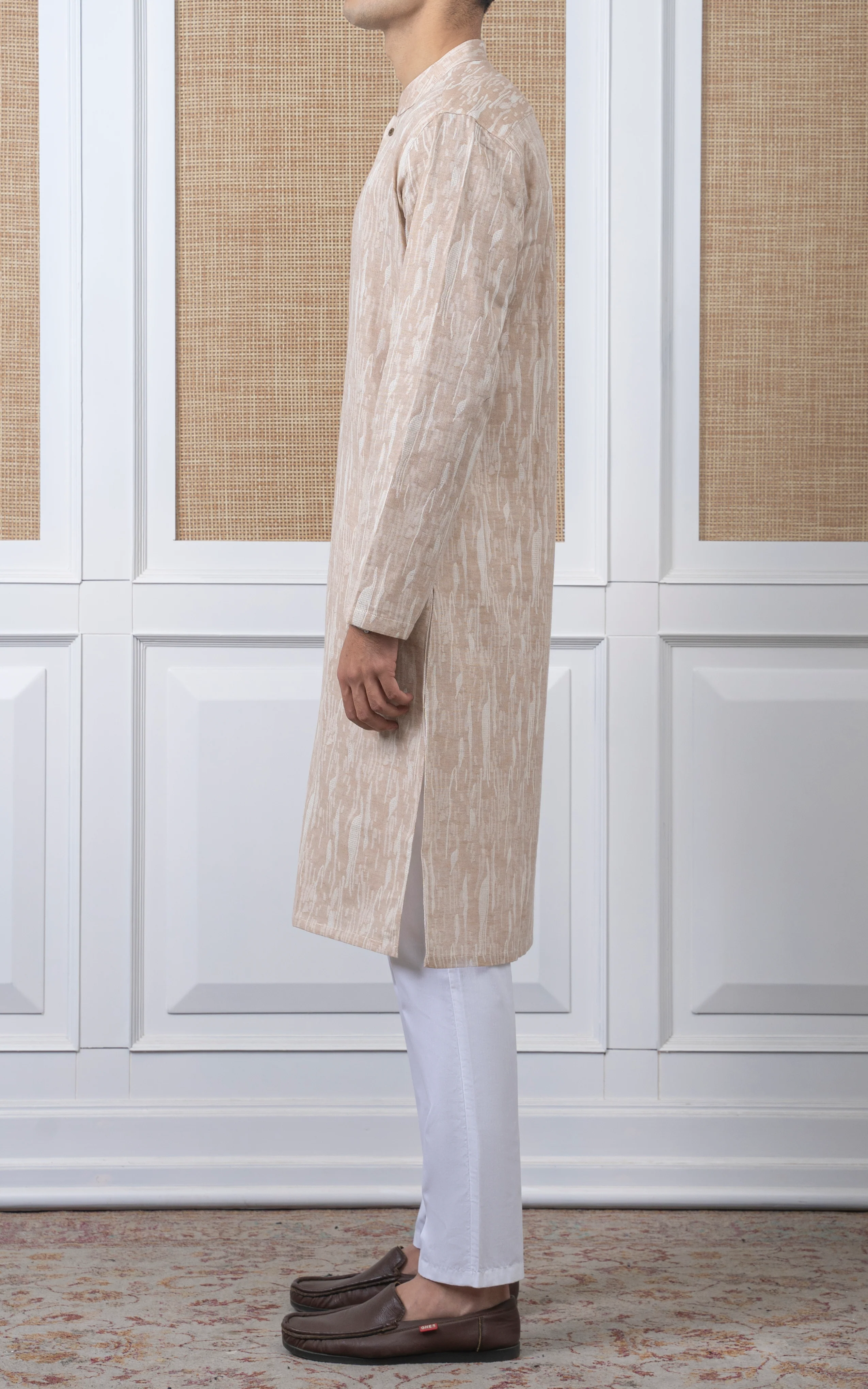 JACQUARD COTTON KURTA - SIGNATURE COLLECTION BEIGE WHITE - Image 3