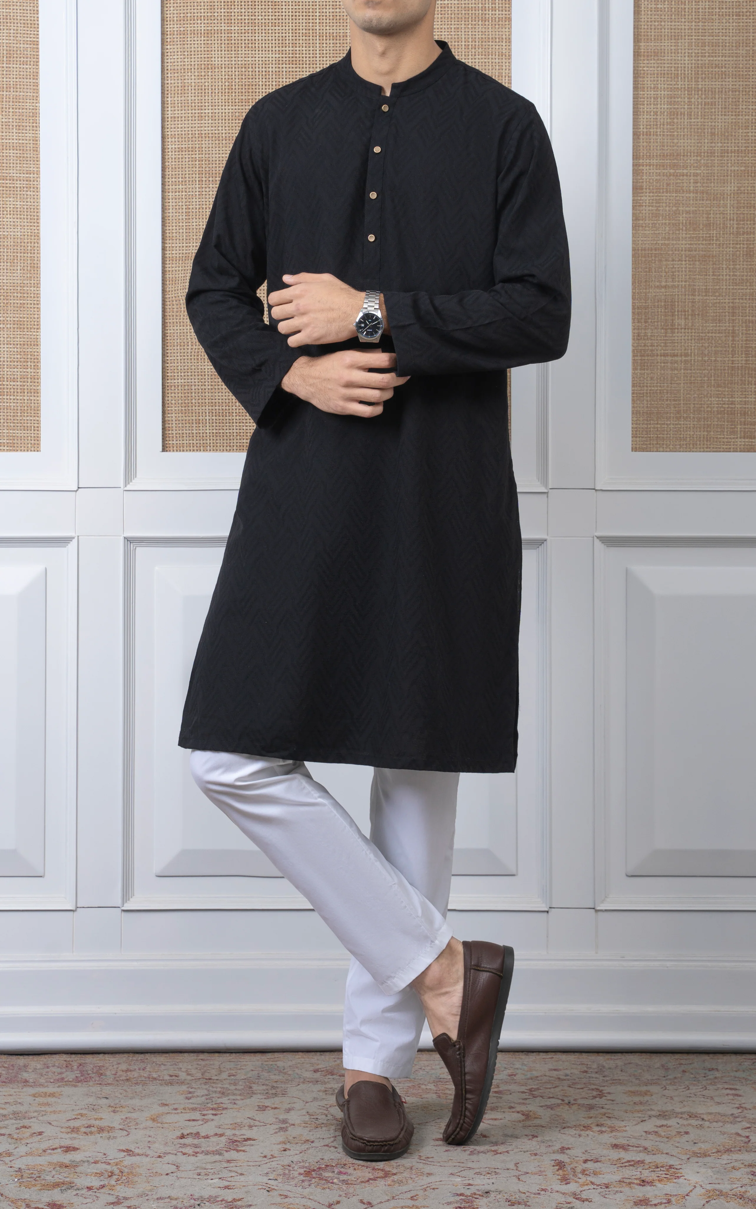 JACQUARD COTTON KURTA - SIGNATURE COLLECTION BLACK - Image 5