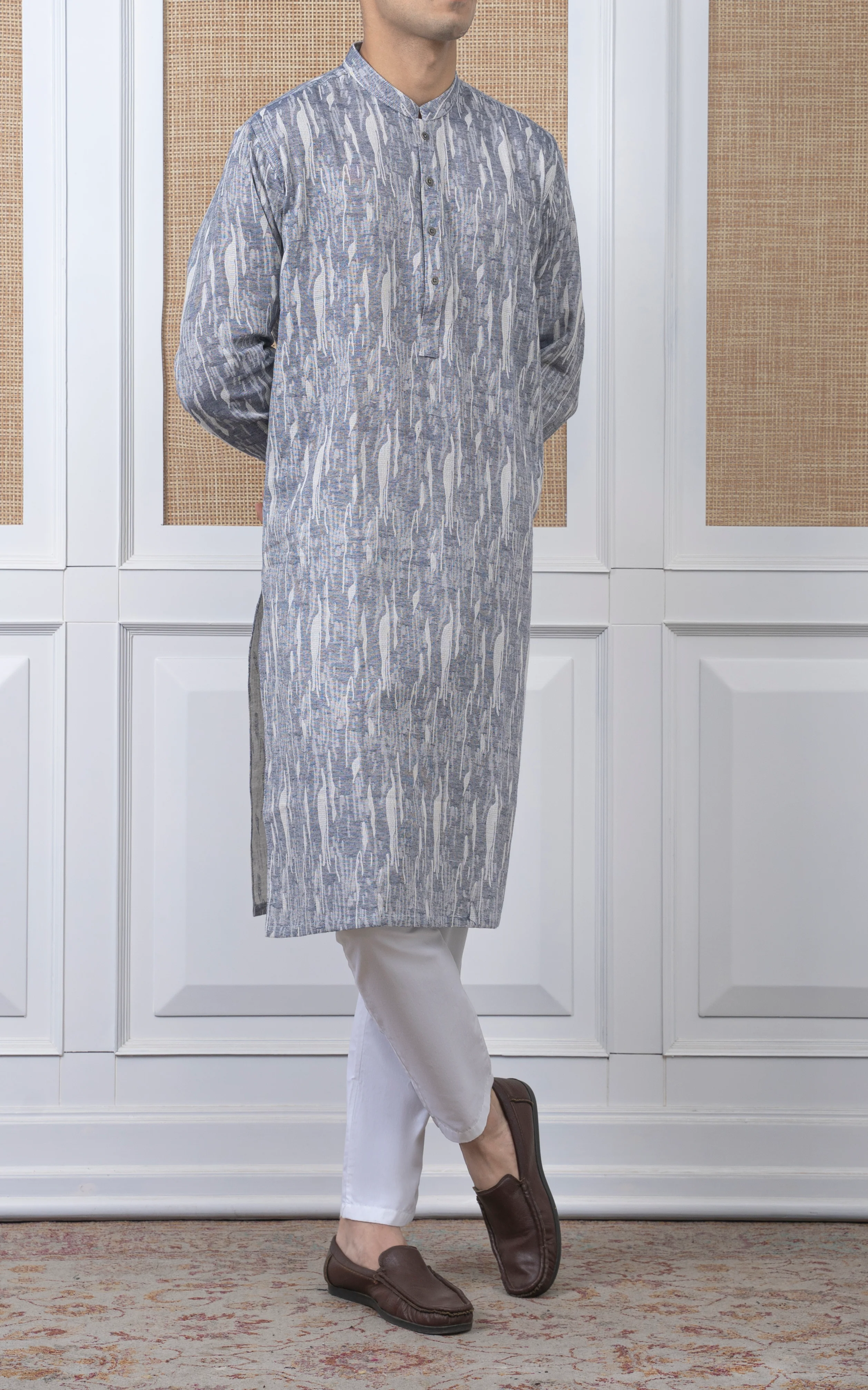 JACQUARD COTTON KURTA - SIGNATURE COLLECTION BLUE WHITE - Image 5