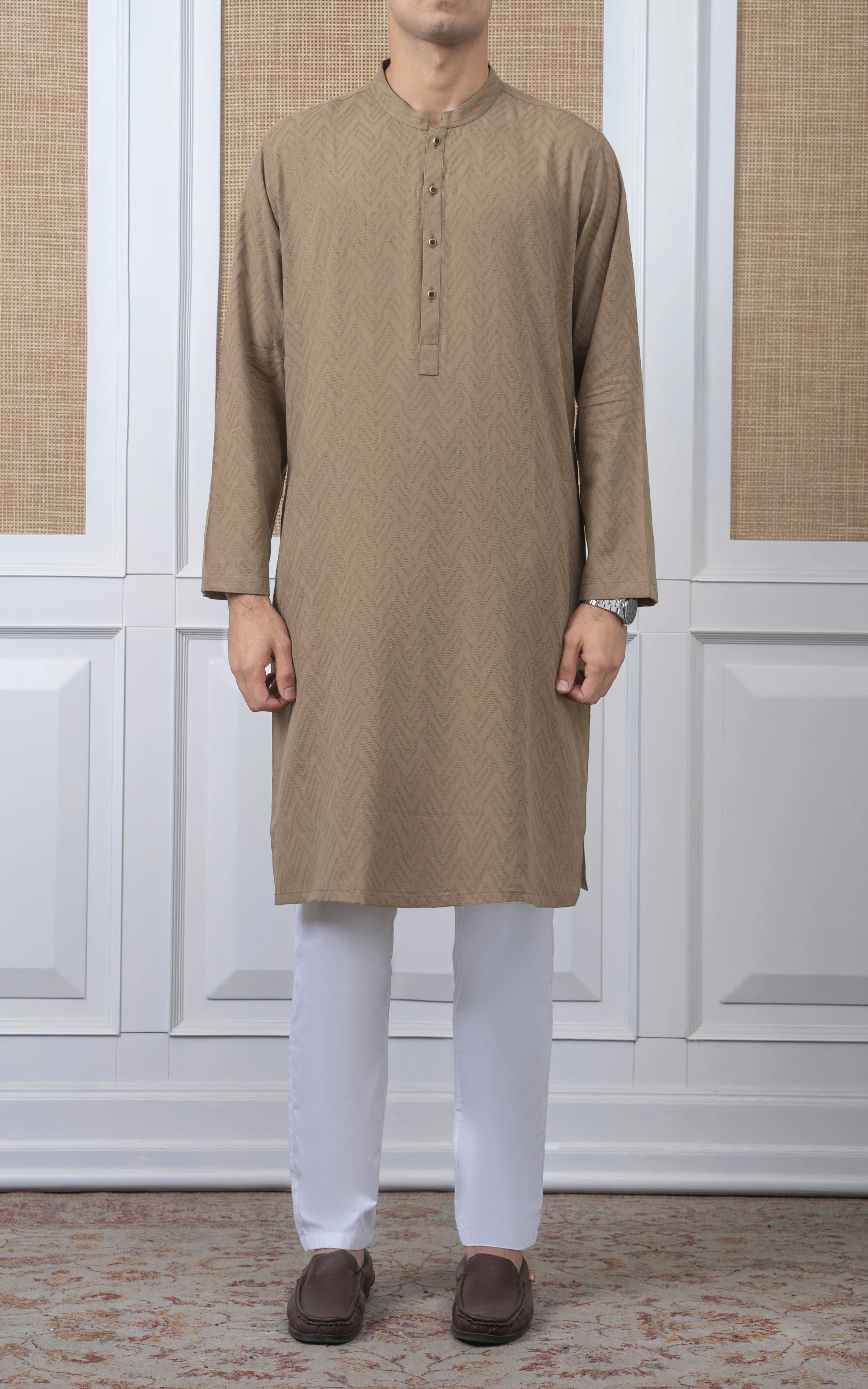 JACQUARD COTTON KURTA - SIGNATURE COLLECTION  DARK KHAKI - Image 6