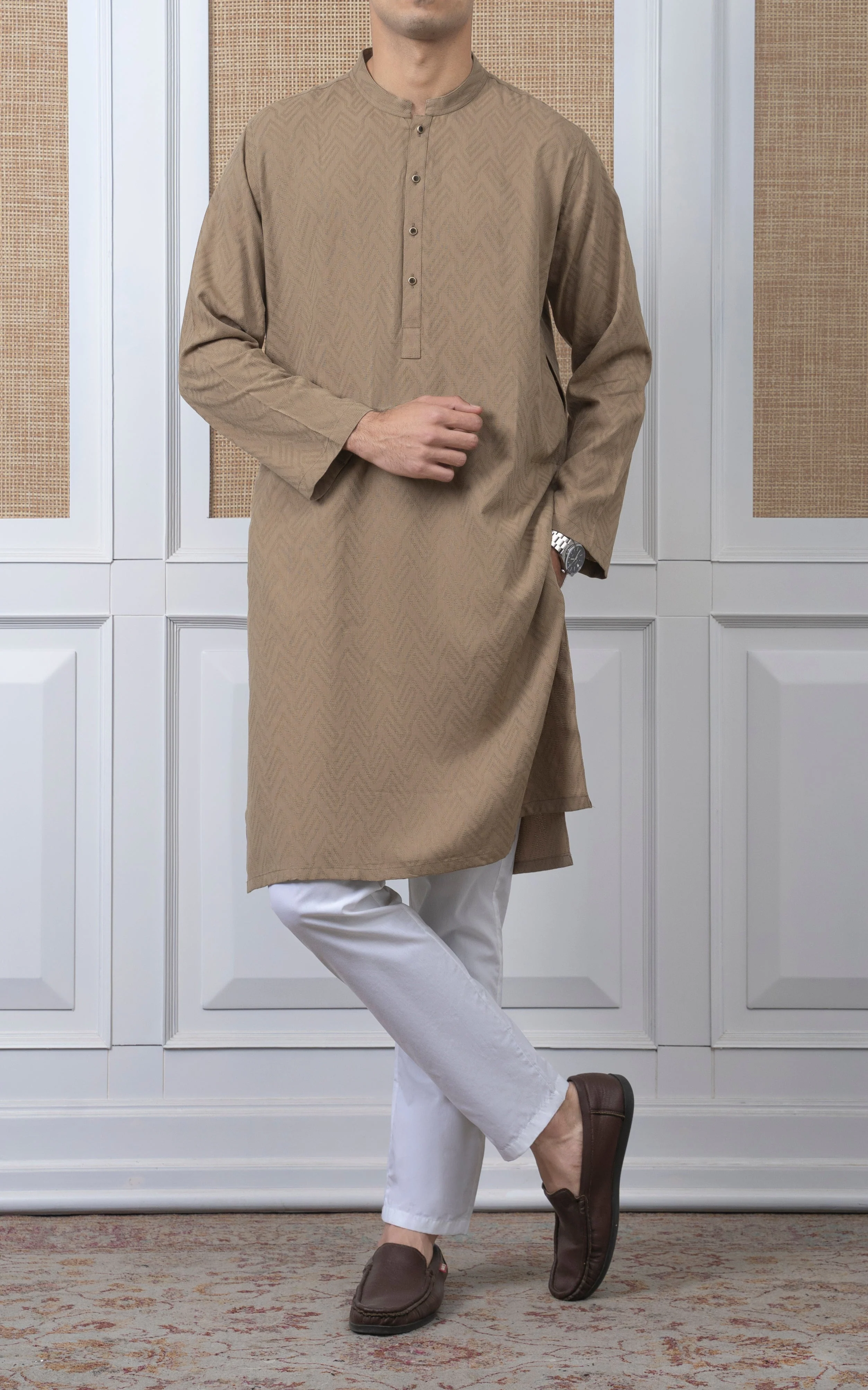 JACQUARD COTTON KURTA - SIGNATURE COLLECTION  DARK KHAKI - Image 8