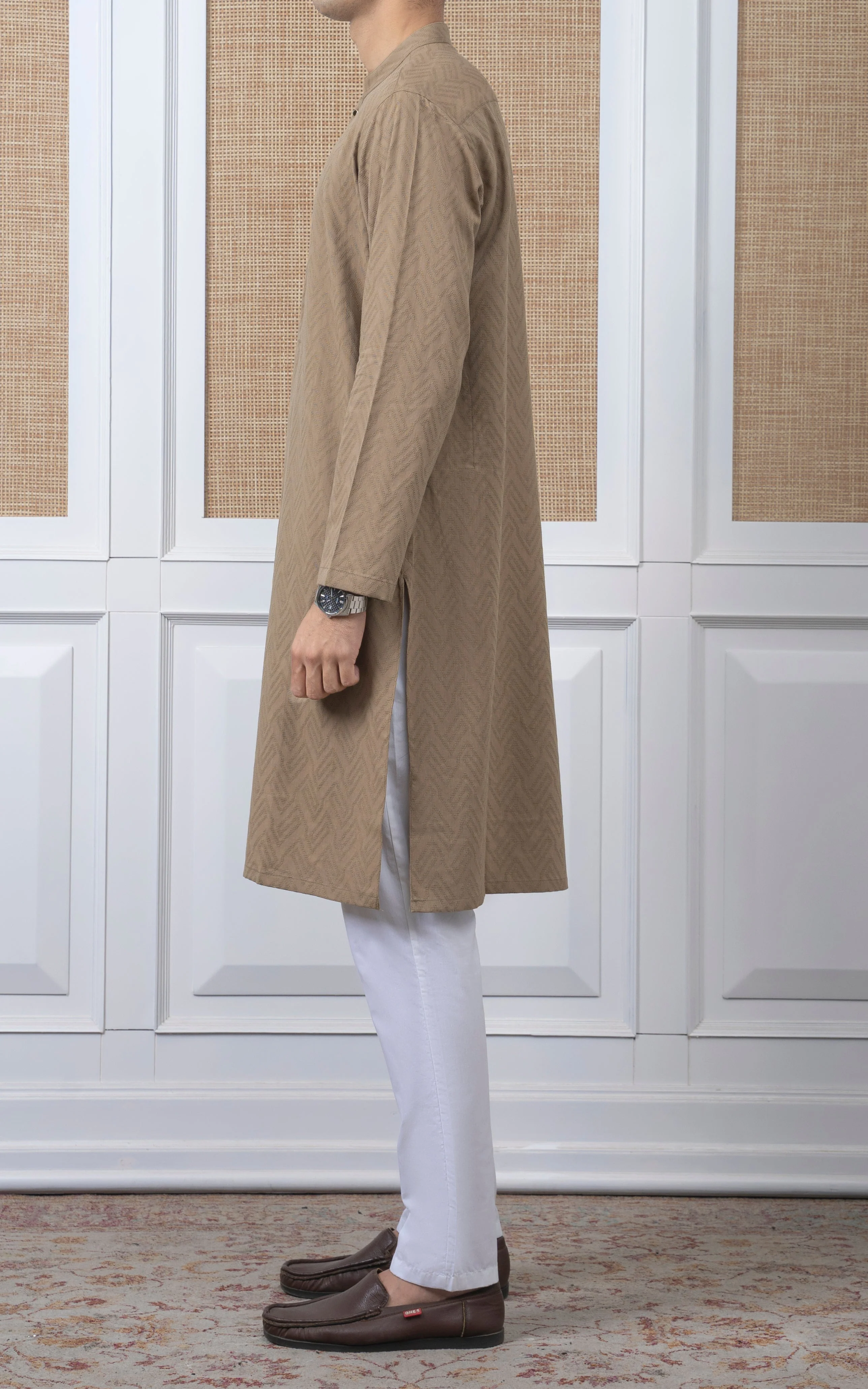 JACQUARD COTTON KURTA - SIGNATURE COLLECTION  DARK KHAKI - Image 9