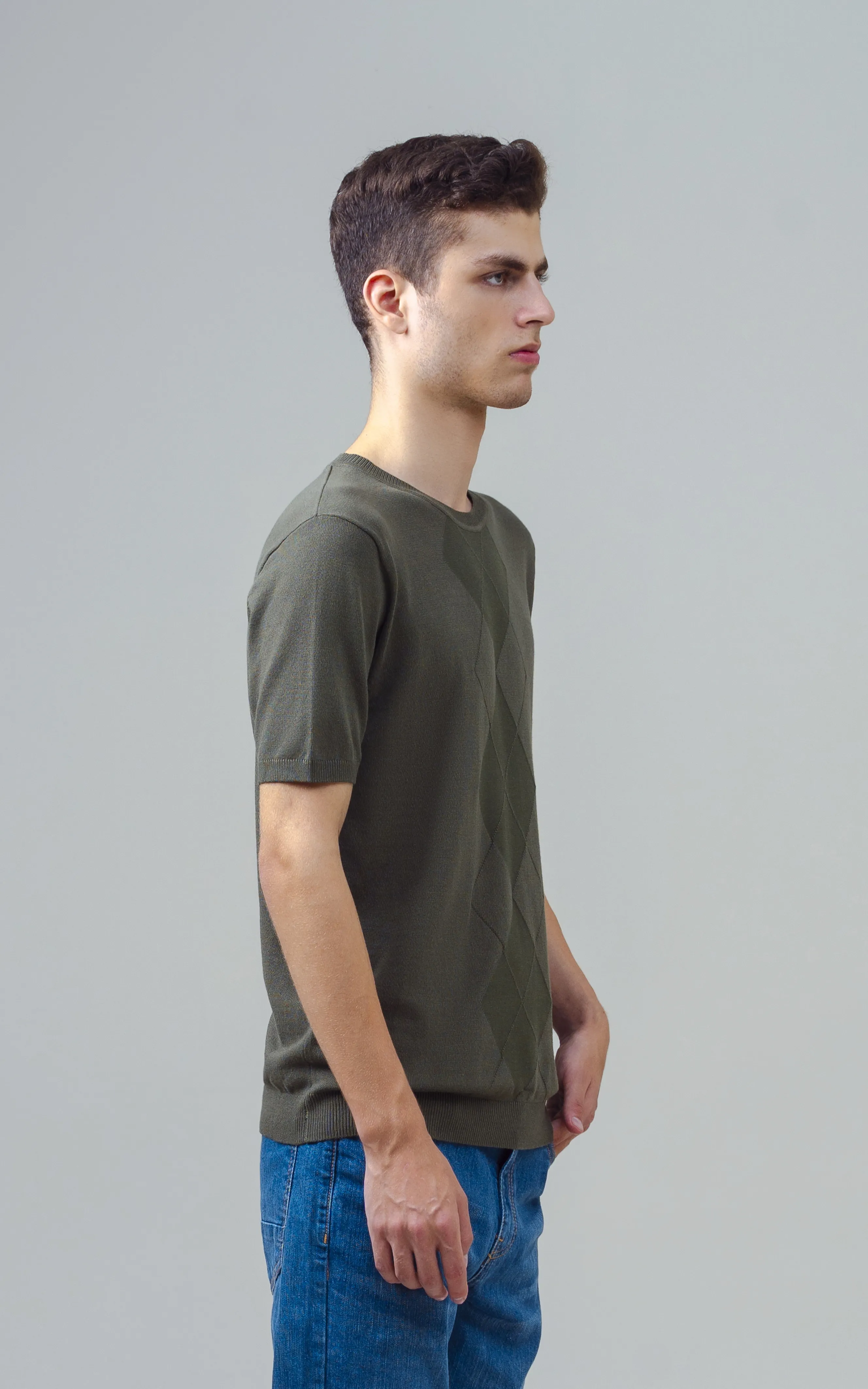 KNITTED CREW NECK T SHIRT OLIVE - Image 5