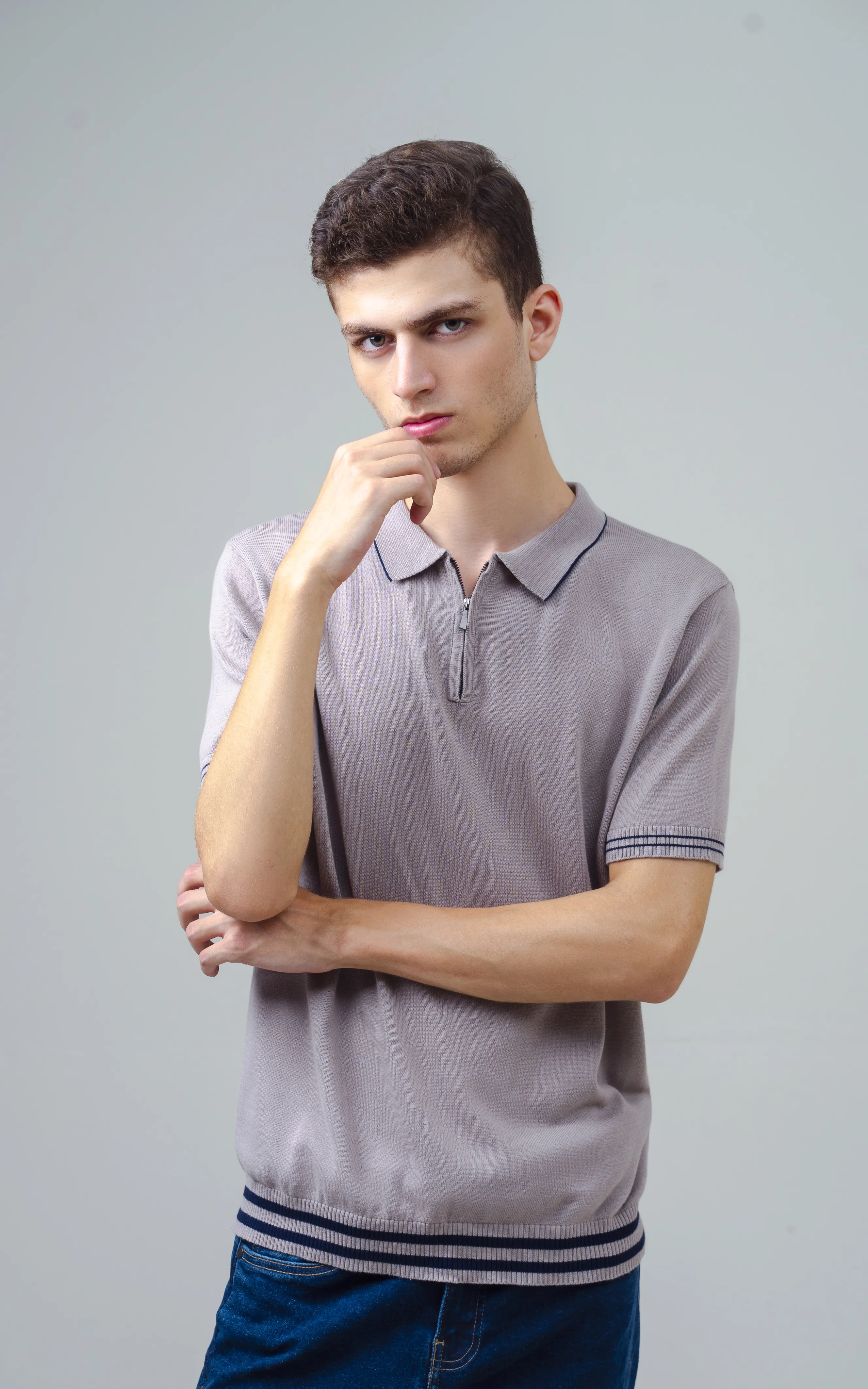 KNITTED TIPPING COLLAR ZIP POLO SHIRT ALMOND - Image 3