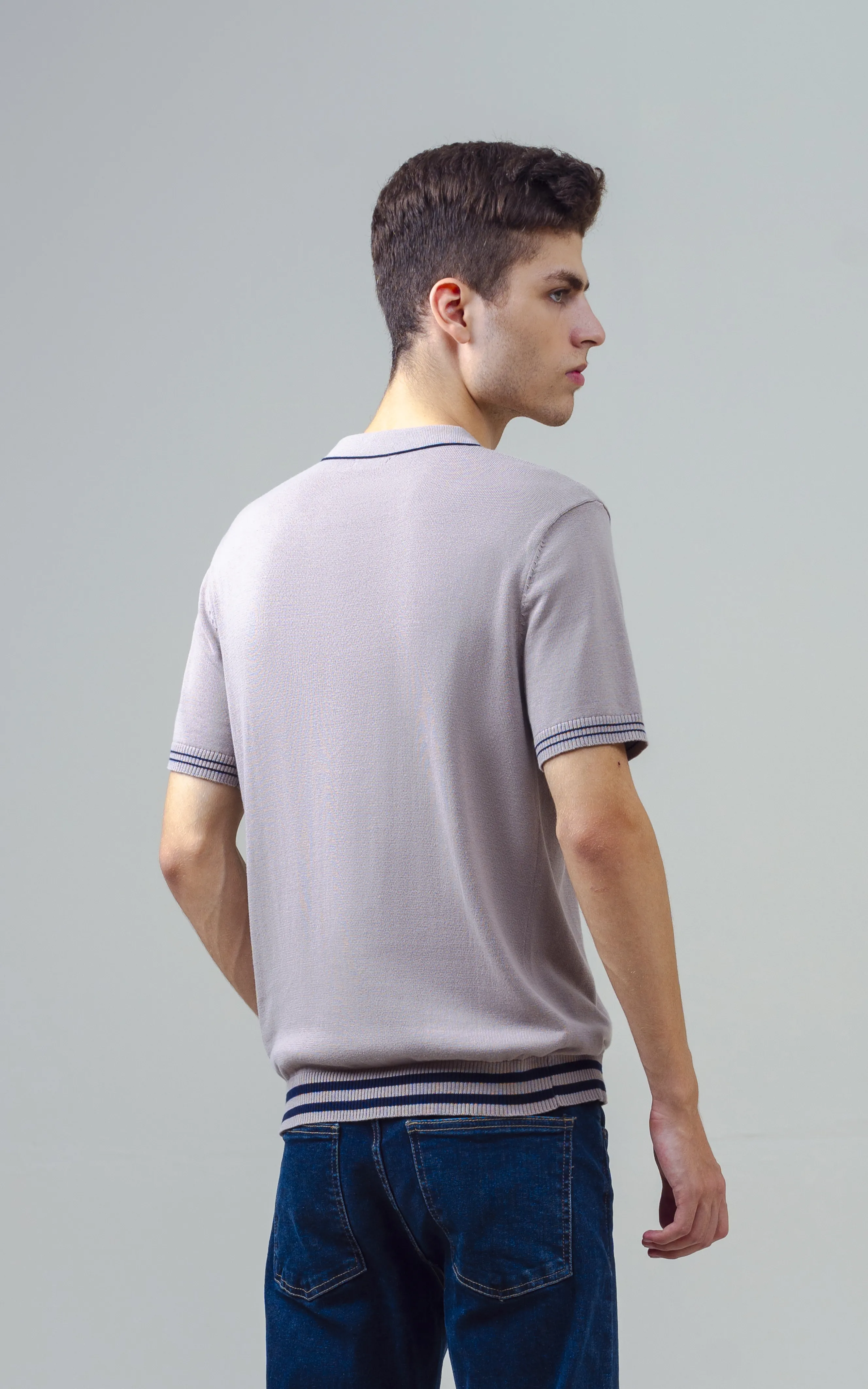 KNITTED TIPPING COLLAR ZIP POLO SHIRT ALMOND - Image 5