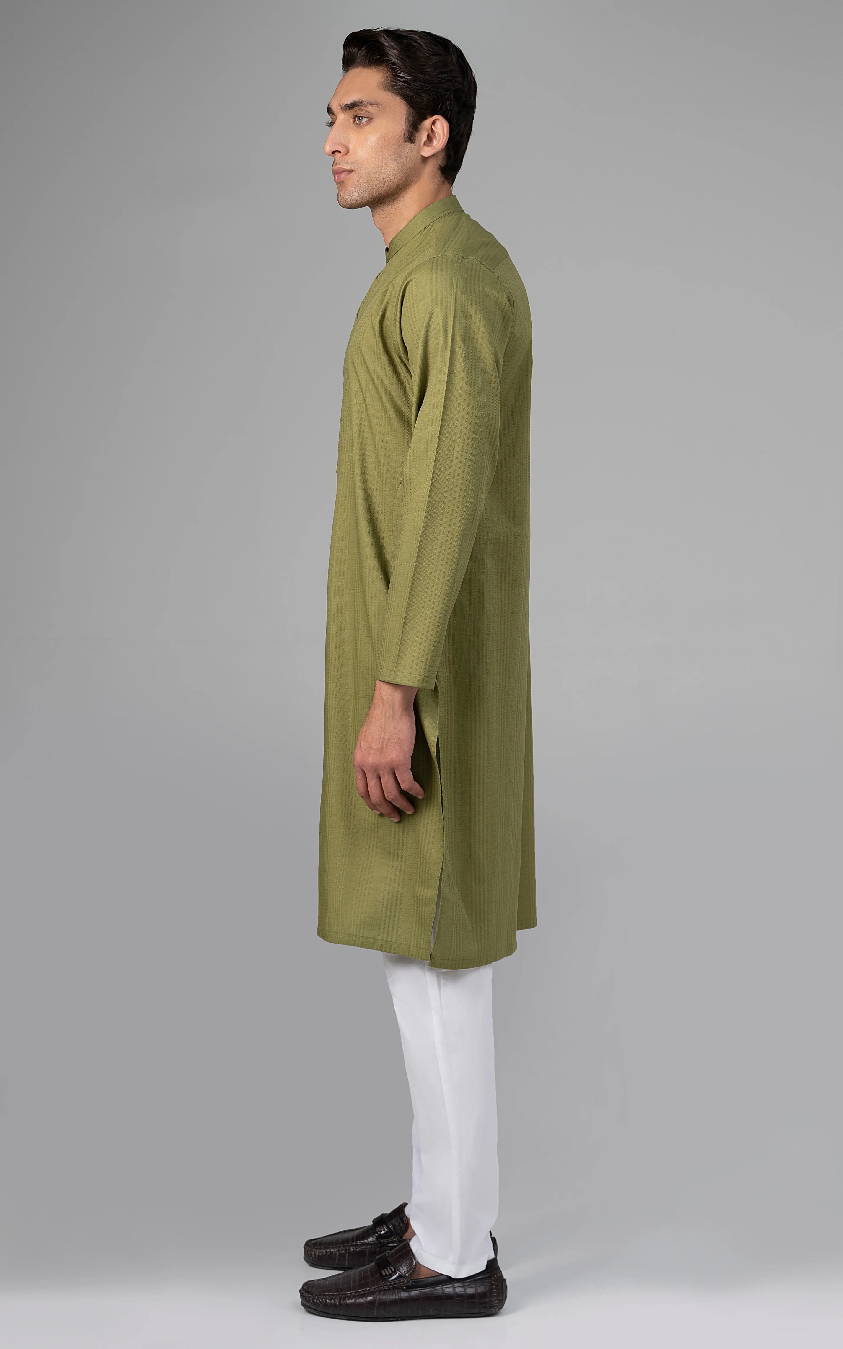 SELF DOBBY KURTA OLIVE GROVE - Image 3