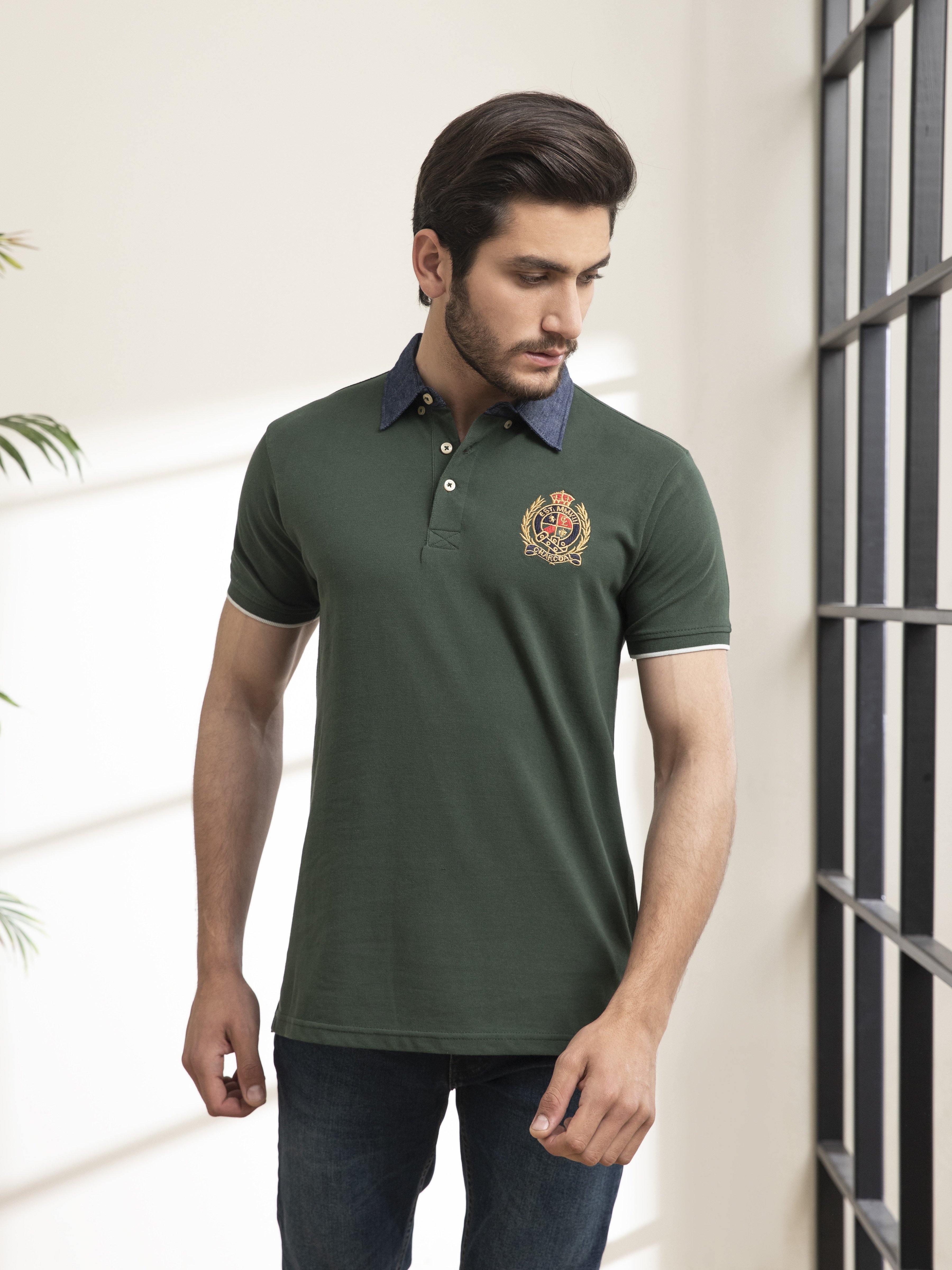 POLO SHIRT DENIM COLLAR HIDDEN GREEN