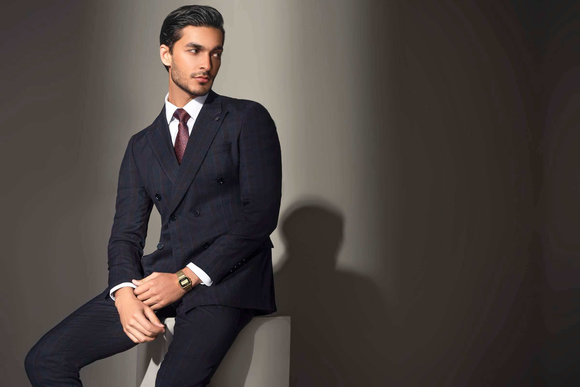 PREMIUM 2 PIECE SUIT DOUBLE BREATED NAVY CHECK - Image 6