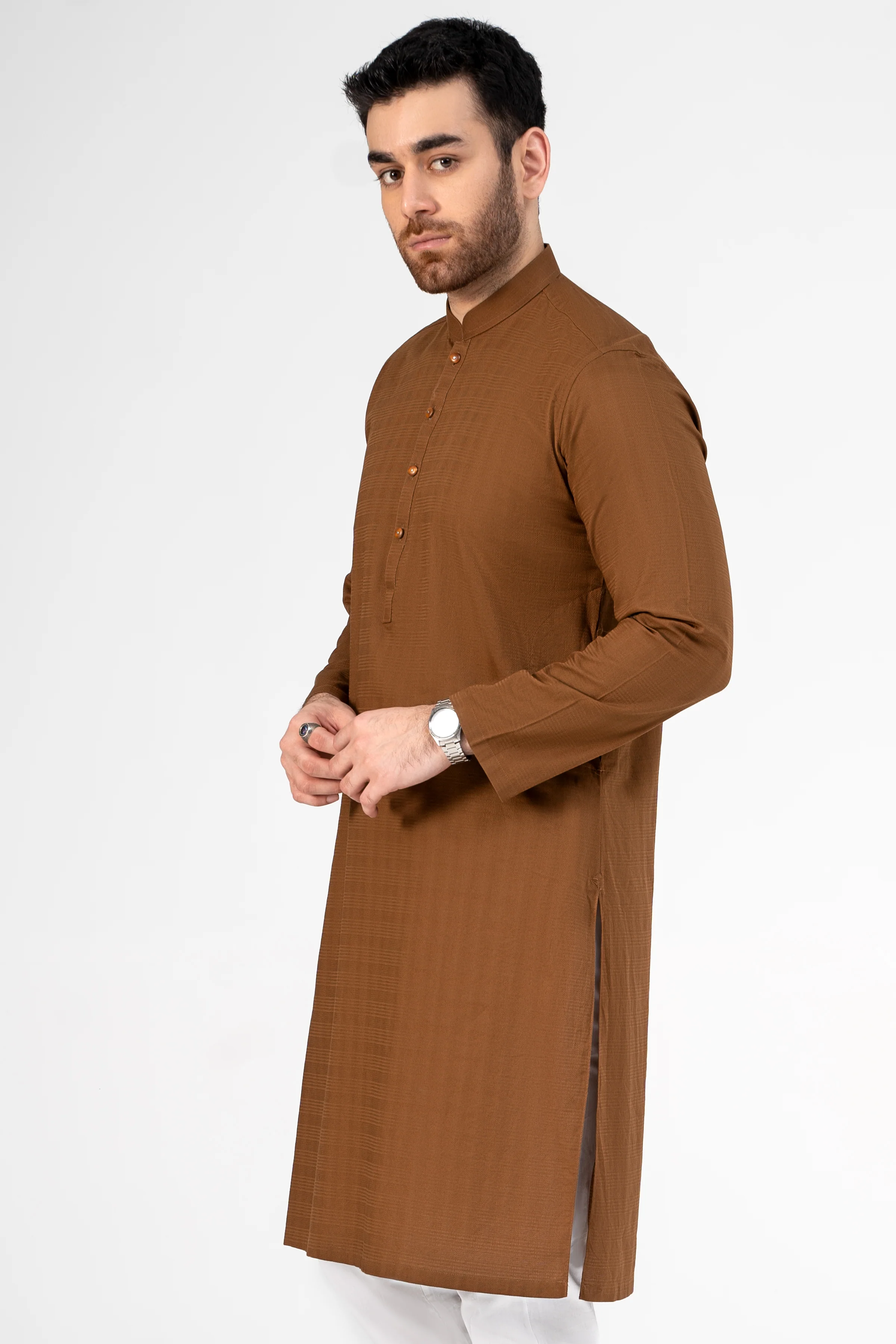 PREMIUM SELF DOBBY KURTA DARK MUSTARD - Image 2