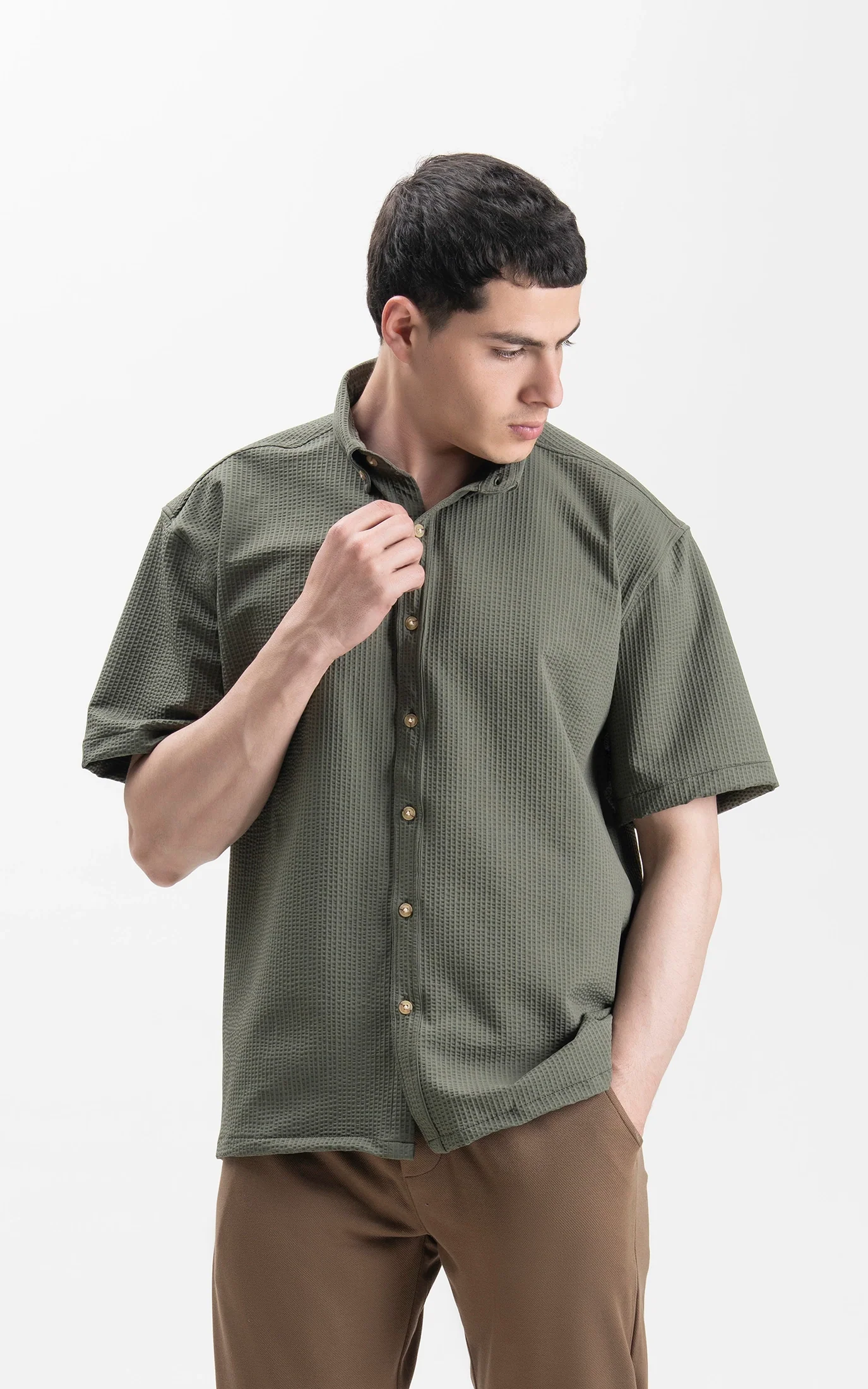 RELAXED FIT BUTTON DOWN CASUAL SHIRT GREEN - Image 3