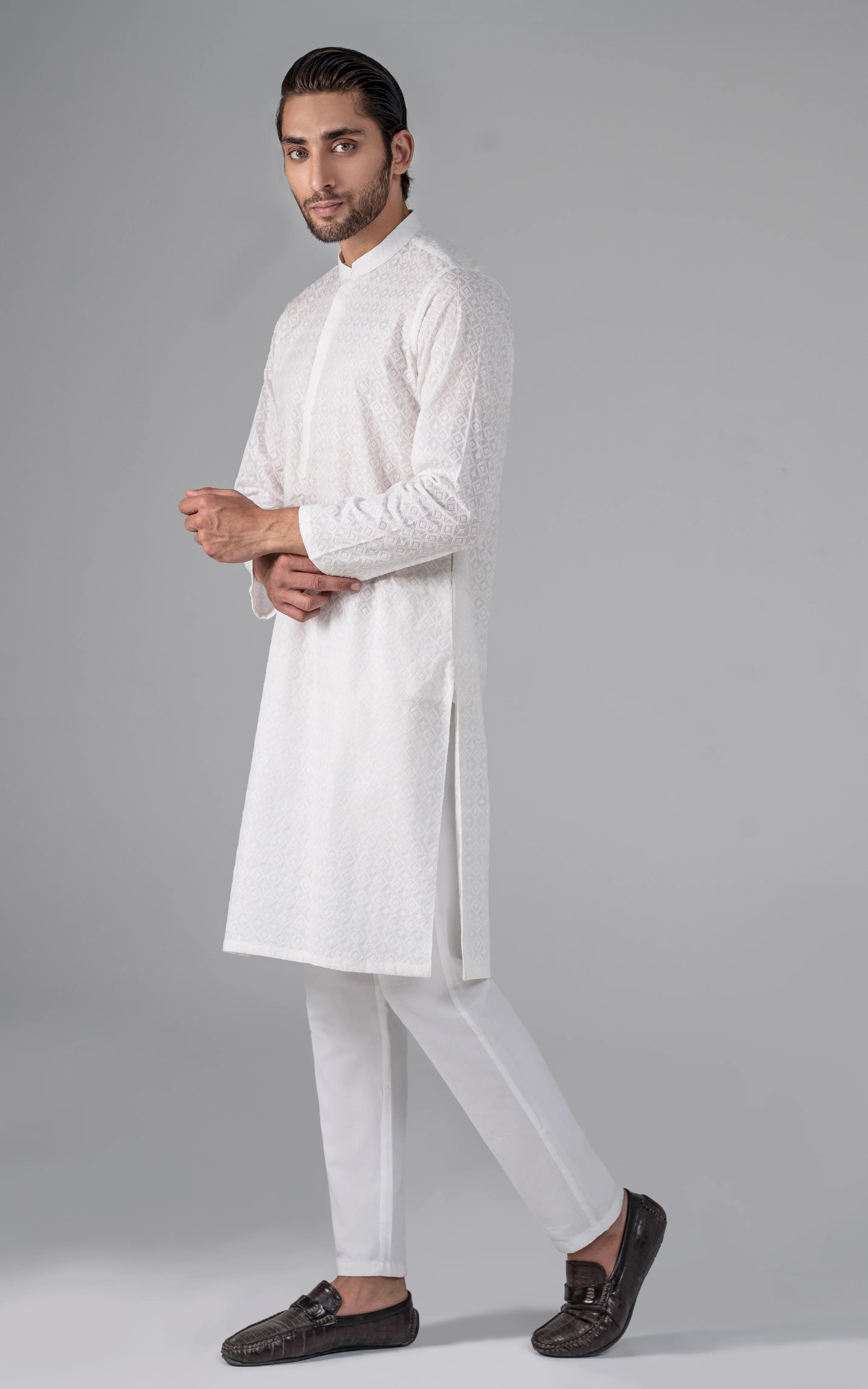 SCHIFFILI EMBROIDERED KURTA- SIGNATURE COLLECTION WHITE - Image 4