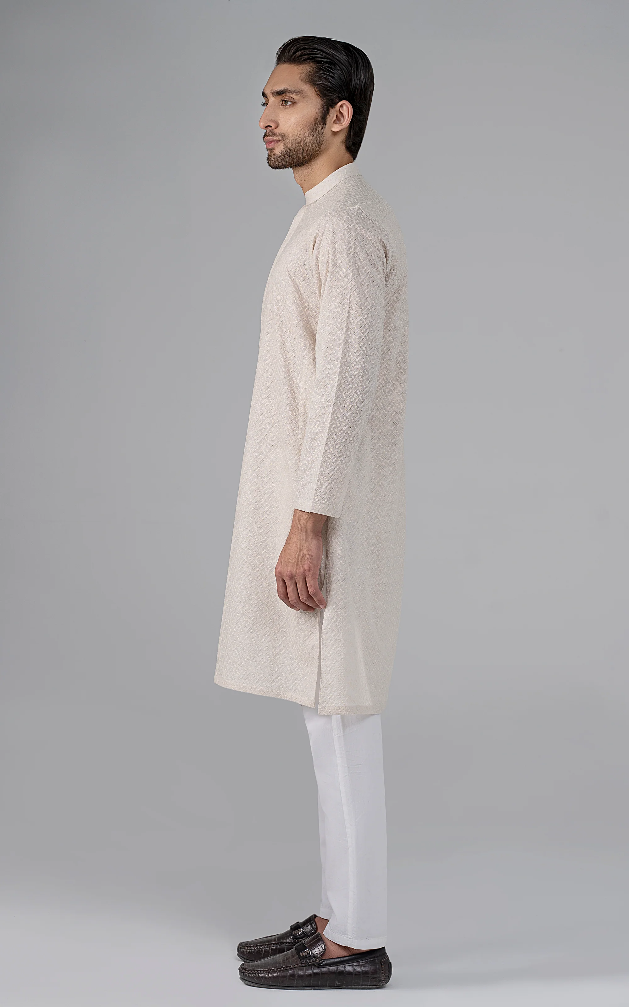 SCHIFFILI EMBROIDERED KURTA- SIGNATURE COLLECTION  CREAM - Image 3