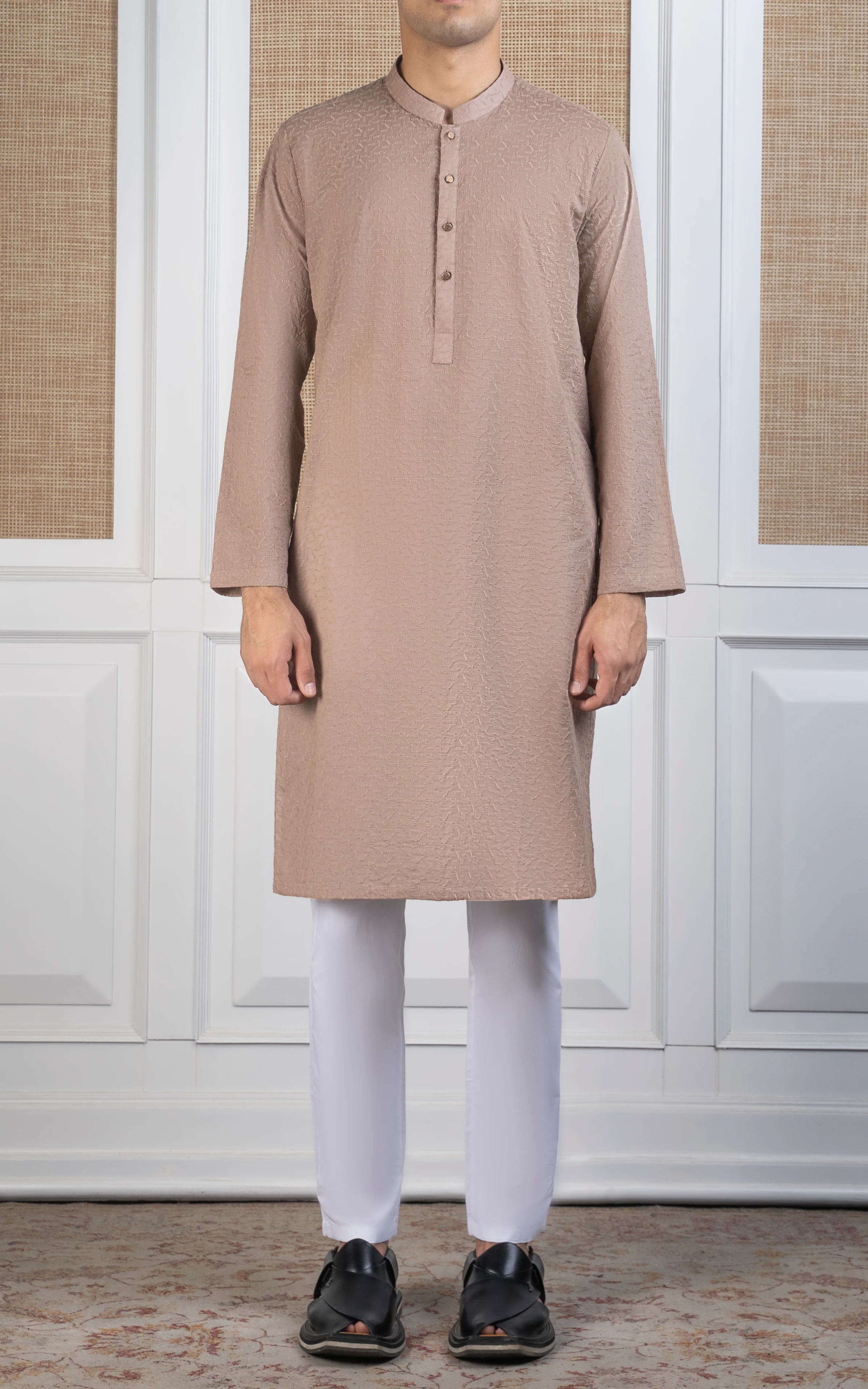 SCHIFFLI EMBROIDERED KURTA - SIGNATURE COLLECTION KHAKI - Image 3