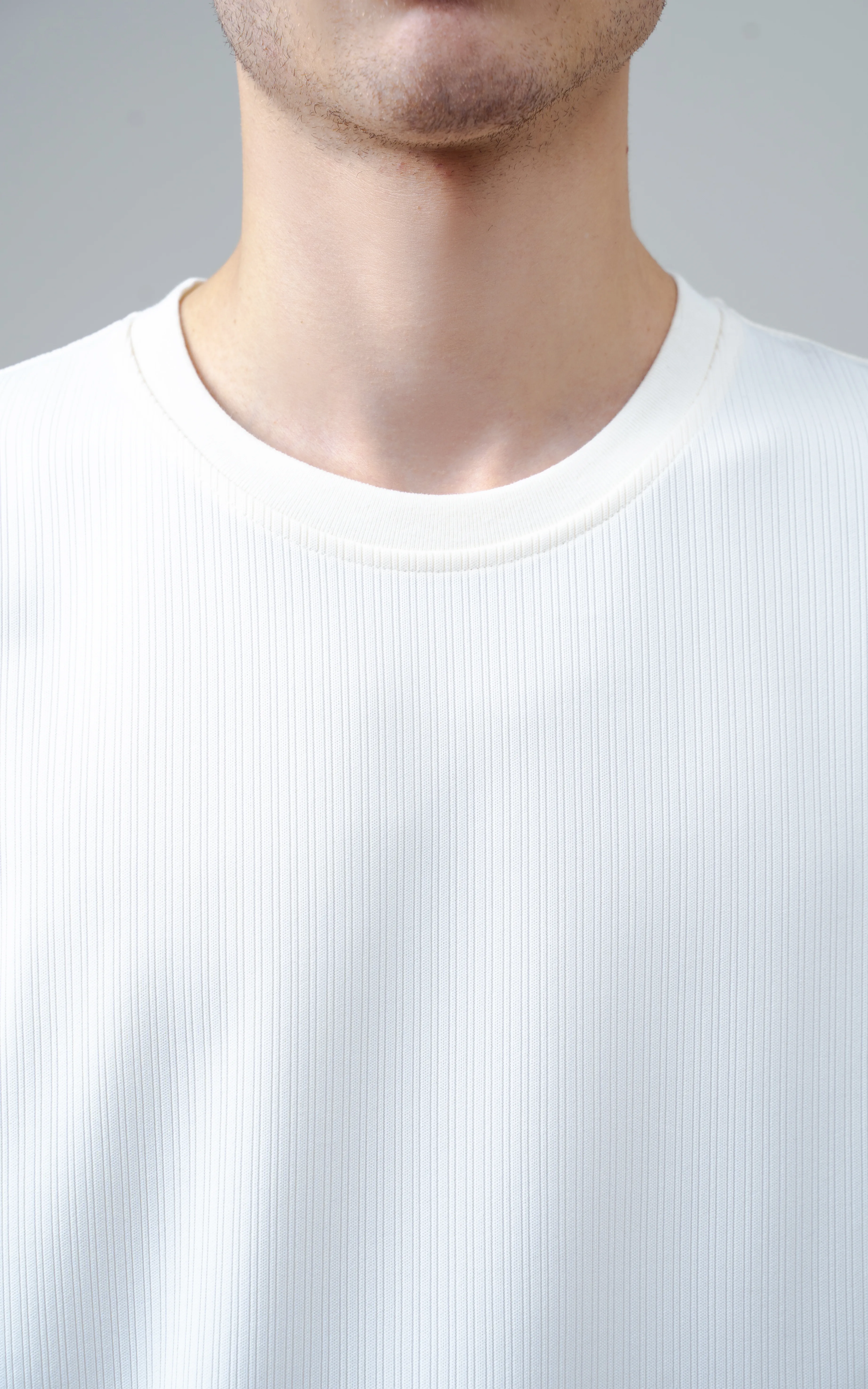 SELF STRIPED CREW NECK T SHIRT OFF WHITE - Image 2