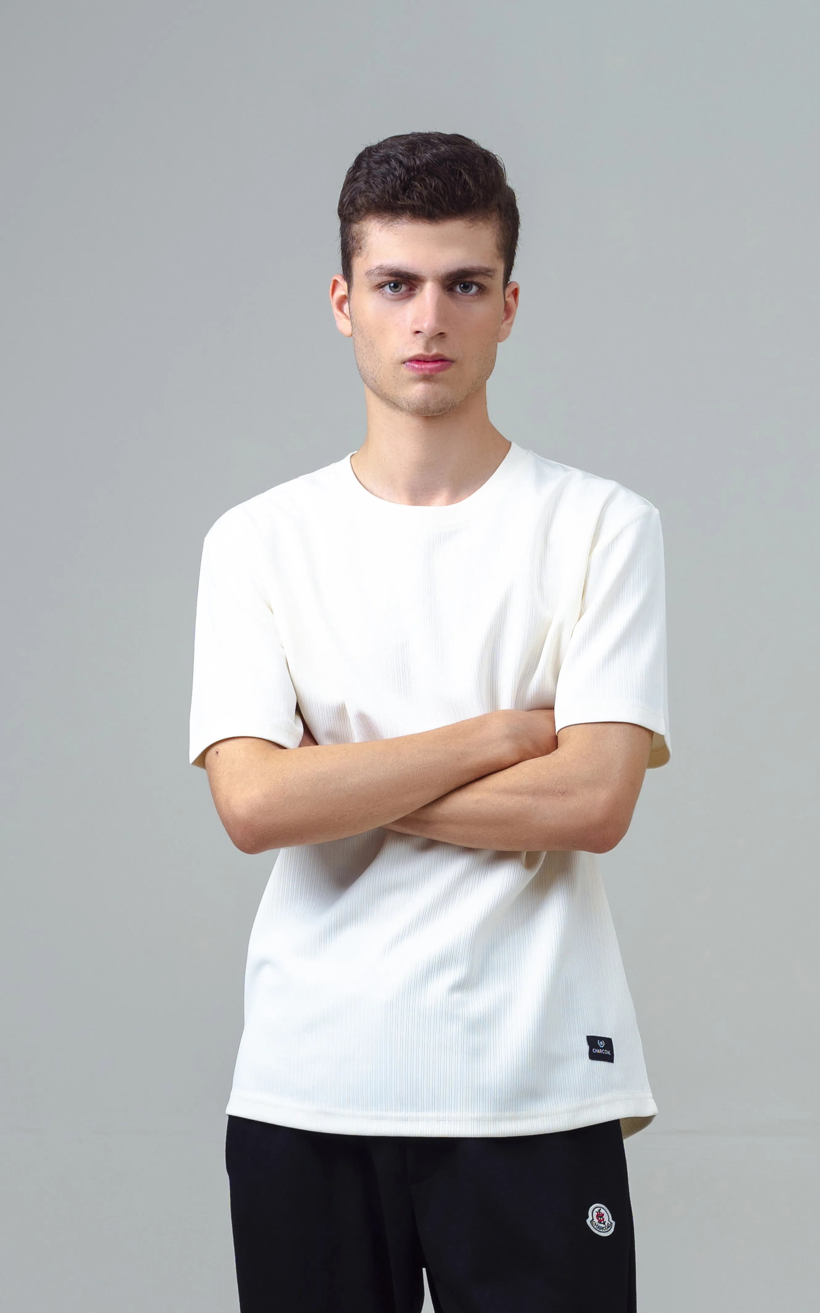SELF STRIPED CREW NECK T SHIRT OFF WHITE - Image 3