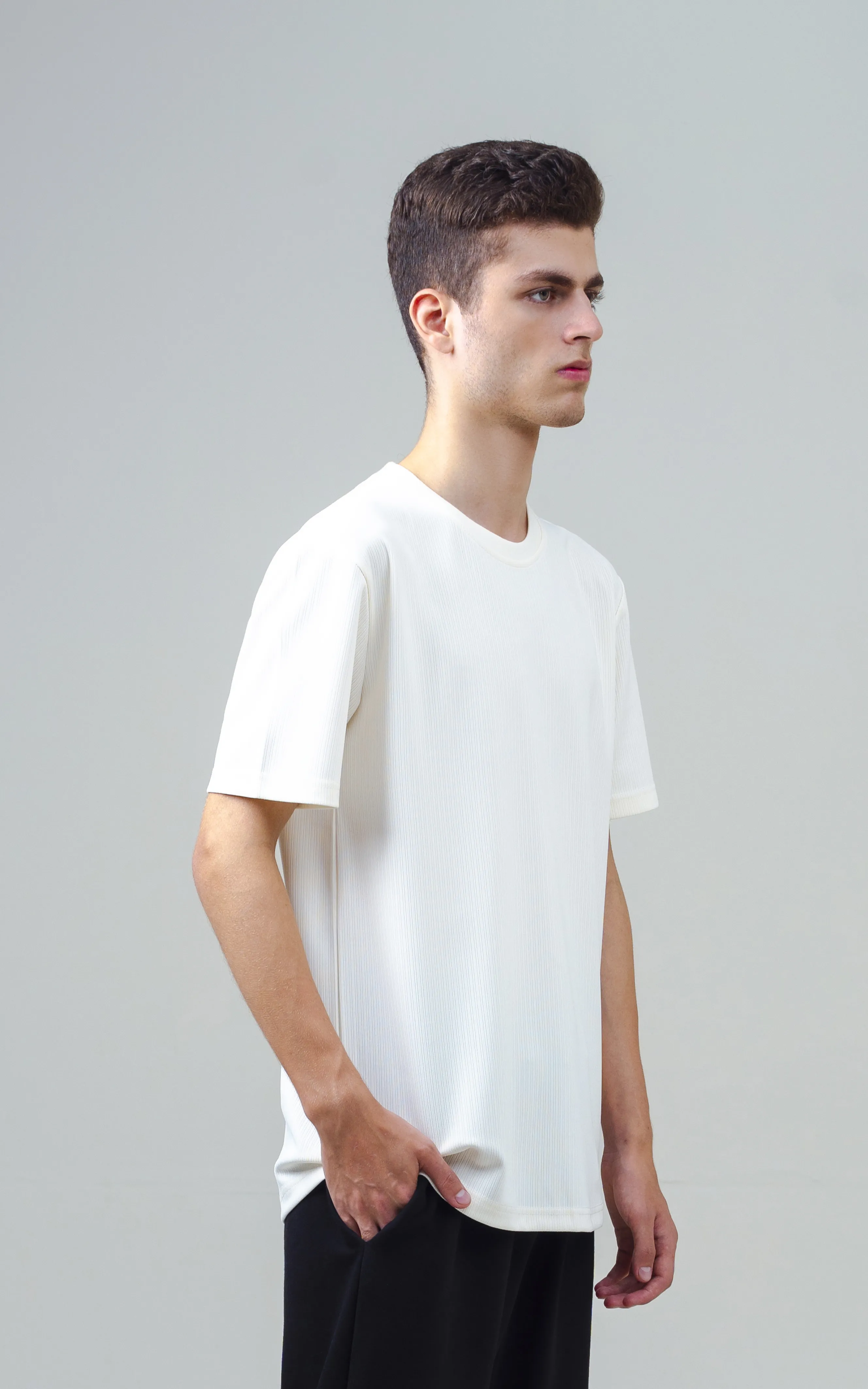 SELF STRIPED CREW NECK T SHIRT OFF WHITE - Image 4