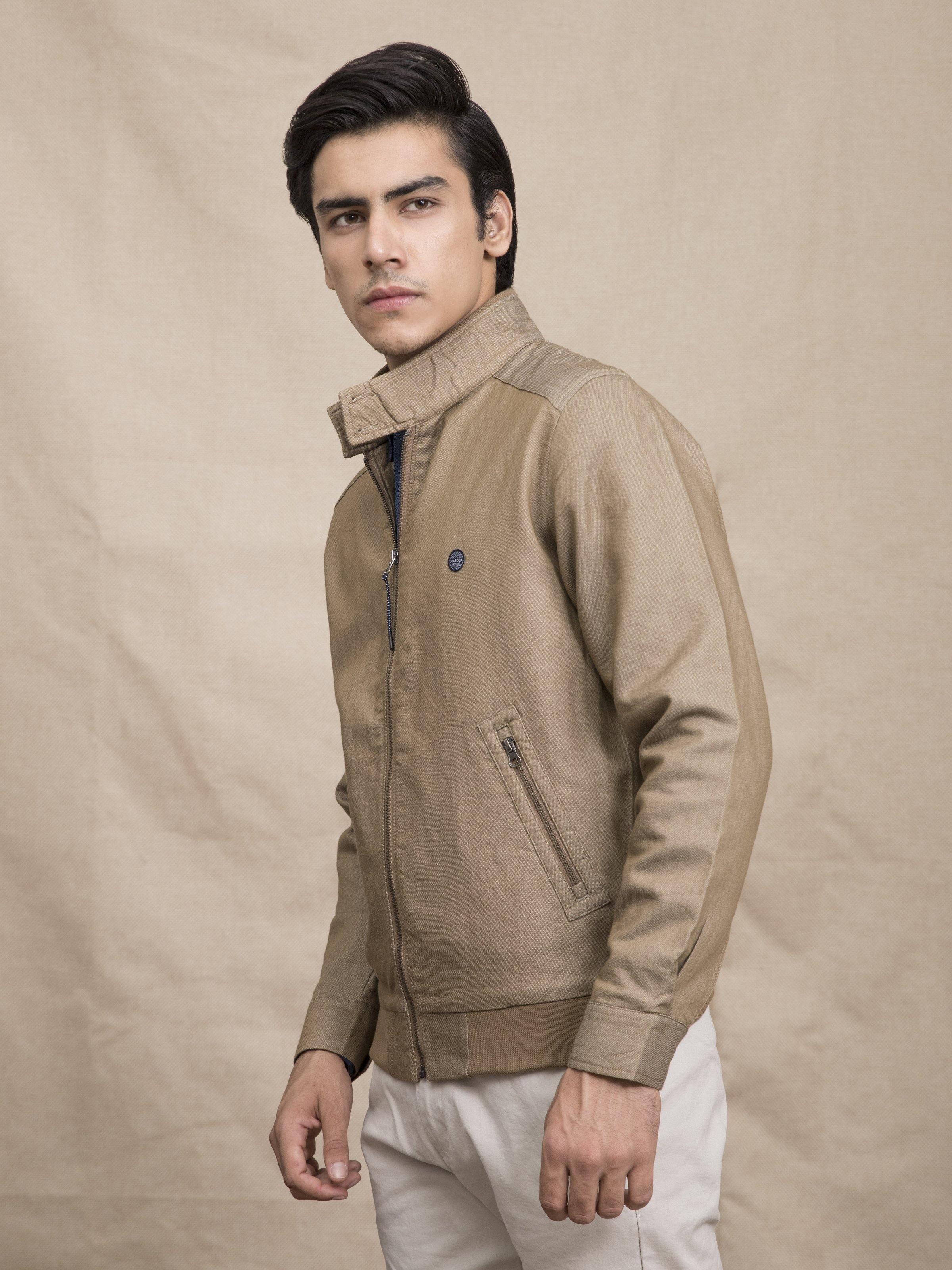 SELF TEXTURED BAN COLLAR JACKET LIGHT BROWN - Image 2