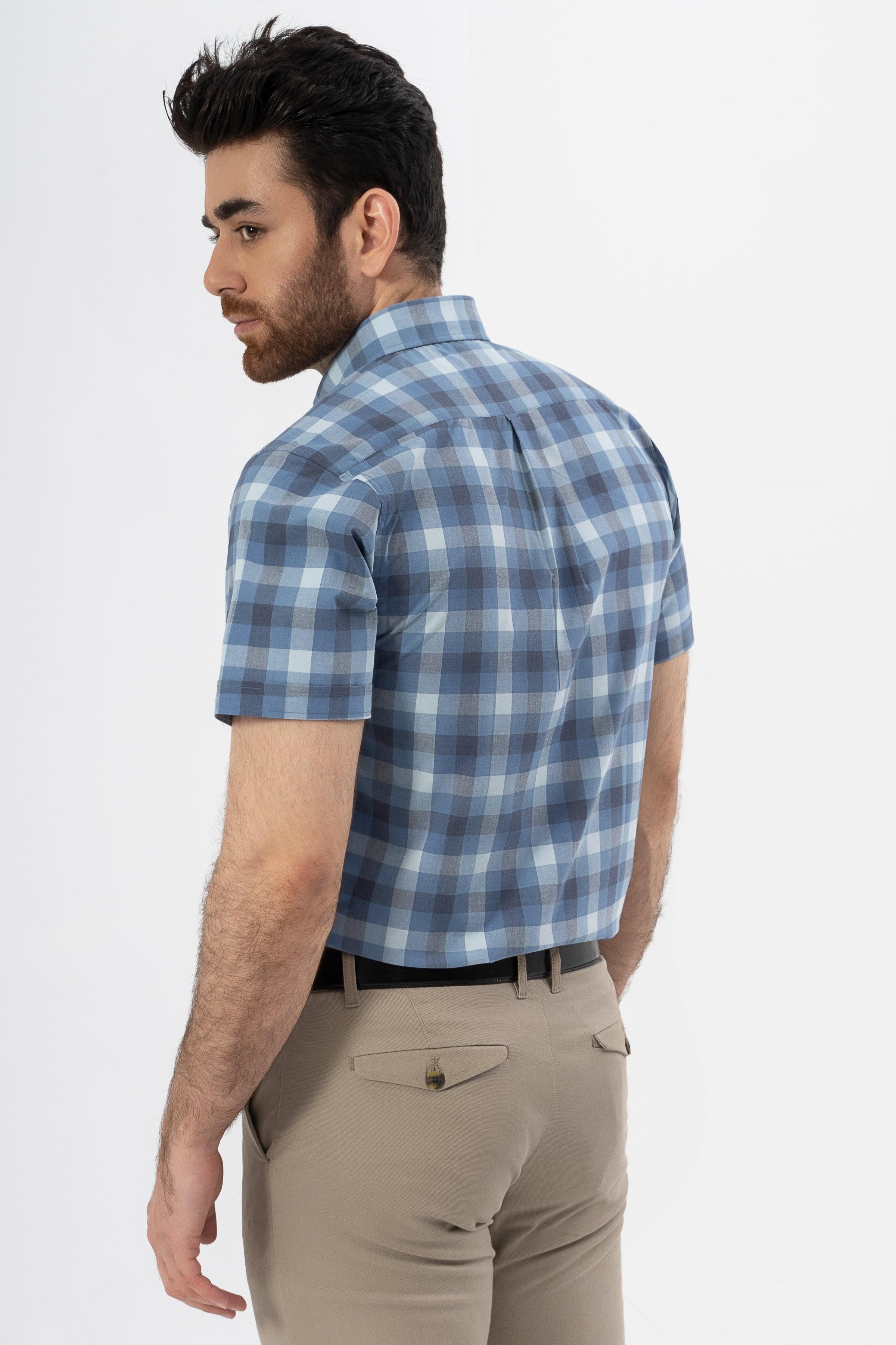 SEMI FORMAL HALF SLEEVES SHIRT SKY BLUE CHECK - Image 4