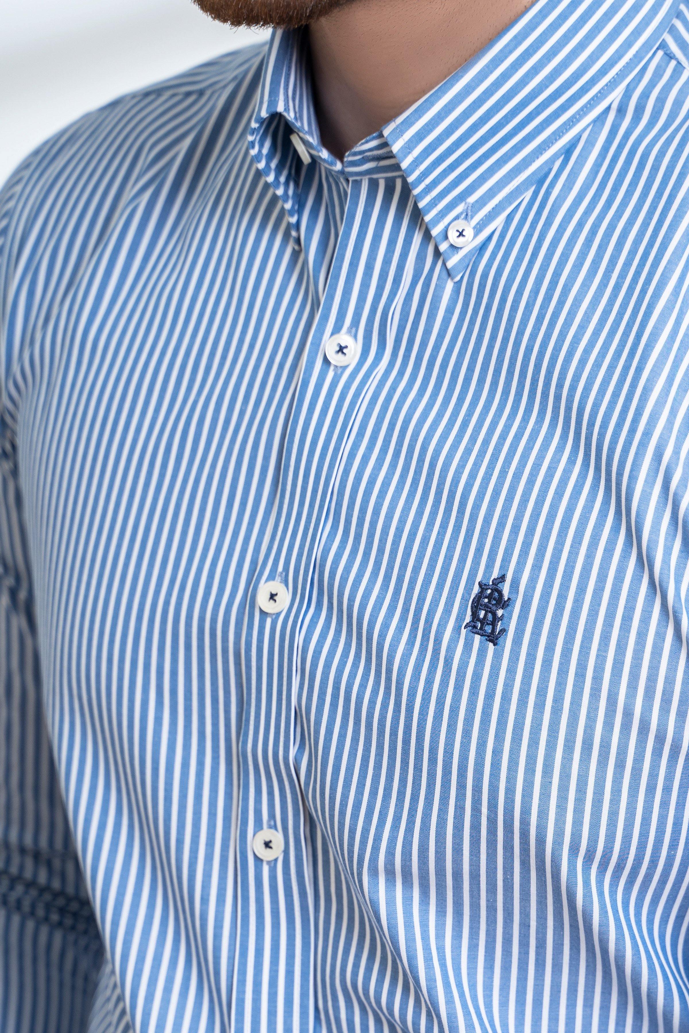 SEMI FORMAL SHIRT FULL SELEEVE  BUTTON DOWN BLUE WHITE LINE - Image 5