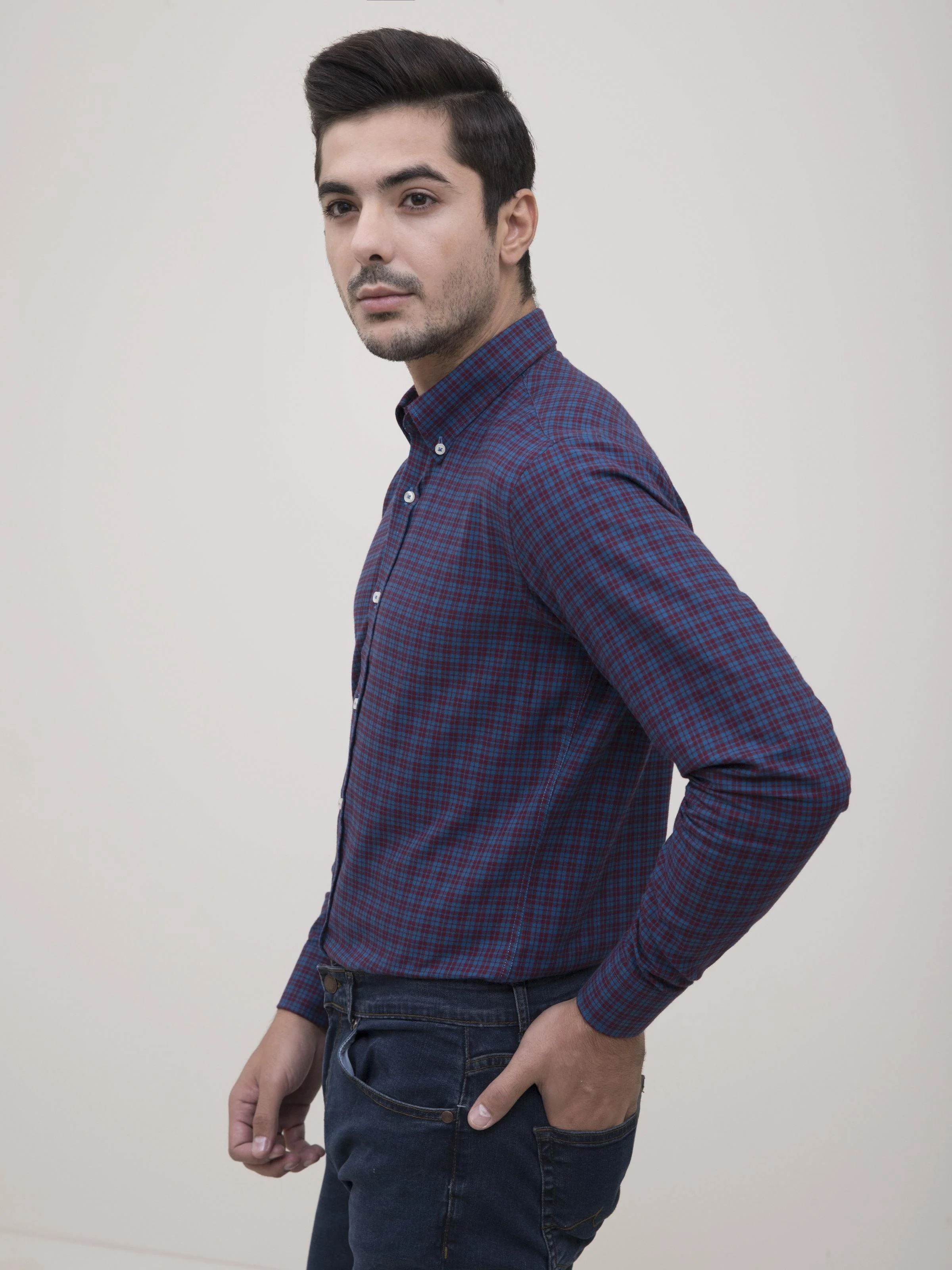 SEMI FORMAL SHIRT FULL SLEEVE BOTTON DOWN BLUE MAROON - Image 2