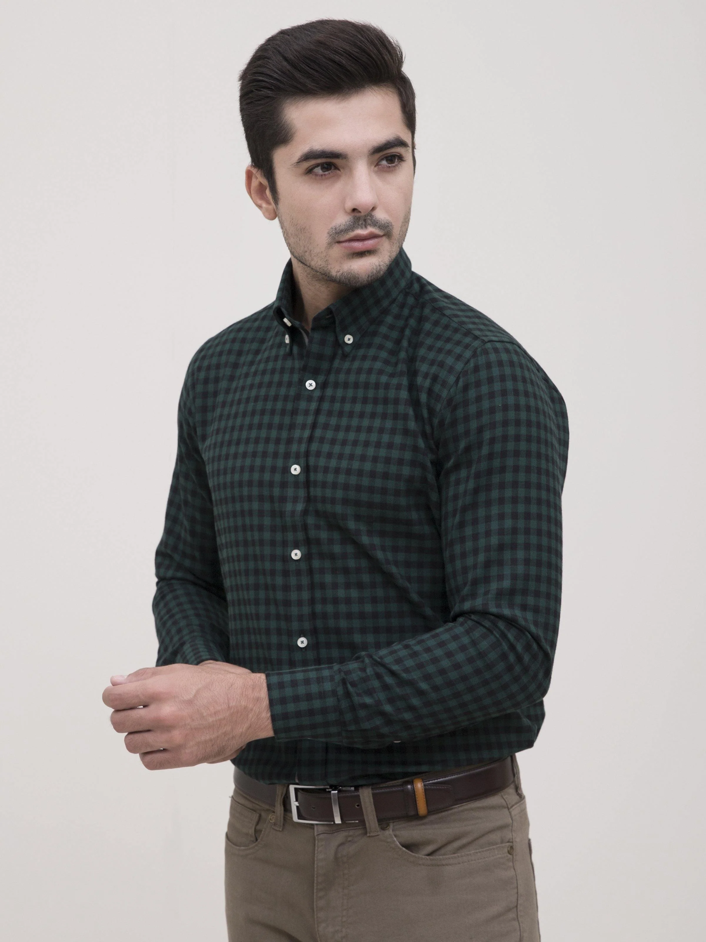 SEMI FORMAL SHIRT FULL SLEEVE BOTTON DOWN GREEN BLACK - Image 2